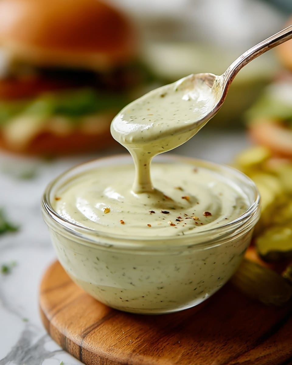 A clear glass bowl sits on a wooden board on a white marbled surface, filled with a thick, creamy, pale green sauce speckled with small herbs and spices. A spoon dips into the sauce, lifting it to show its smooth, glossy texture with some pepper flakes visible. In the blurred background, there are hints of sandwich fillings like pickles and bread. The scene is brightly lit, emphasizing the freshness of the sauce and the cozy setting. photo taken with an iphone --ar 4:5 --v 7
