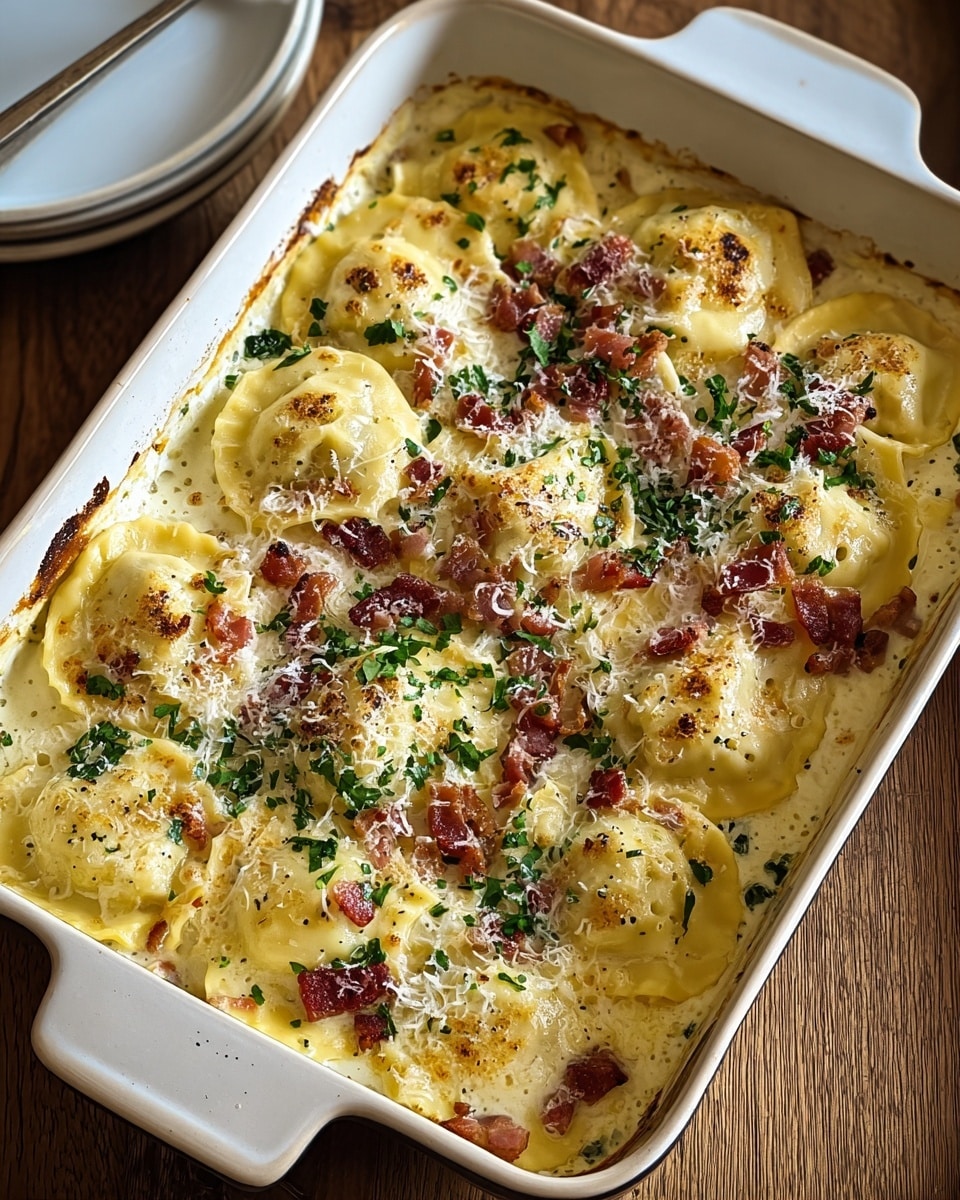 A white rectangular baking dish filled with two layers of ravioli pasta covered in a creamy light yellow sauce with bits of crispy browned bacon scattered throughout. The top layer shows plump, golden-edged ravioli pieces sprinkled with grated white cheese and chopped green herbs, with some areas browned and bubbly from baking. The dish is placed on a wooden table with a white marbled texture surface visible in the background. photo taken with an iphone --ar 4:5 --v 7