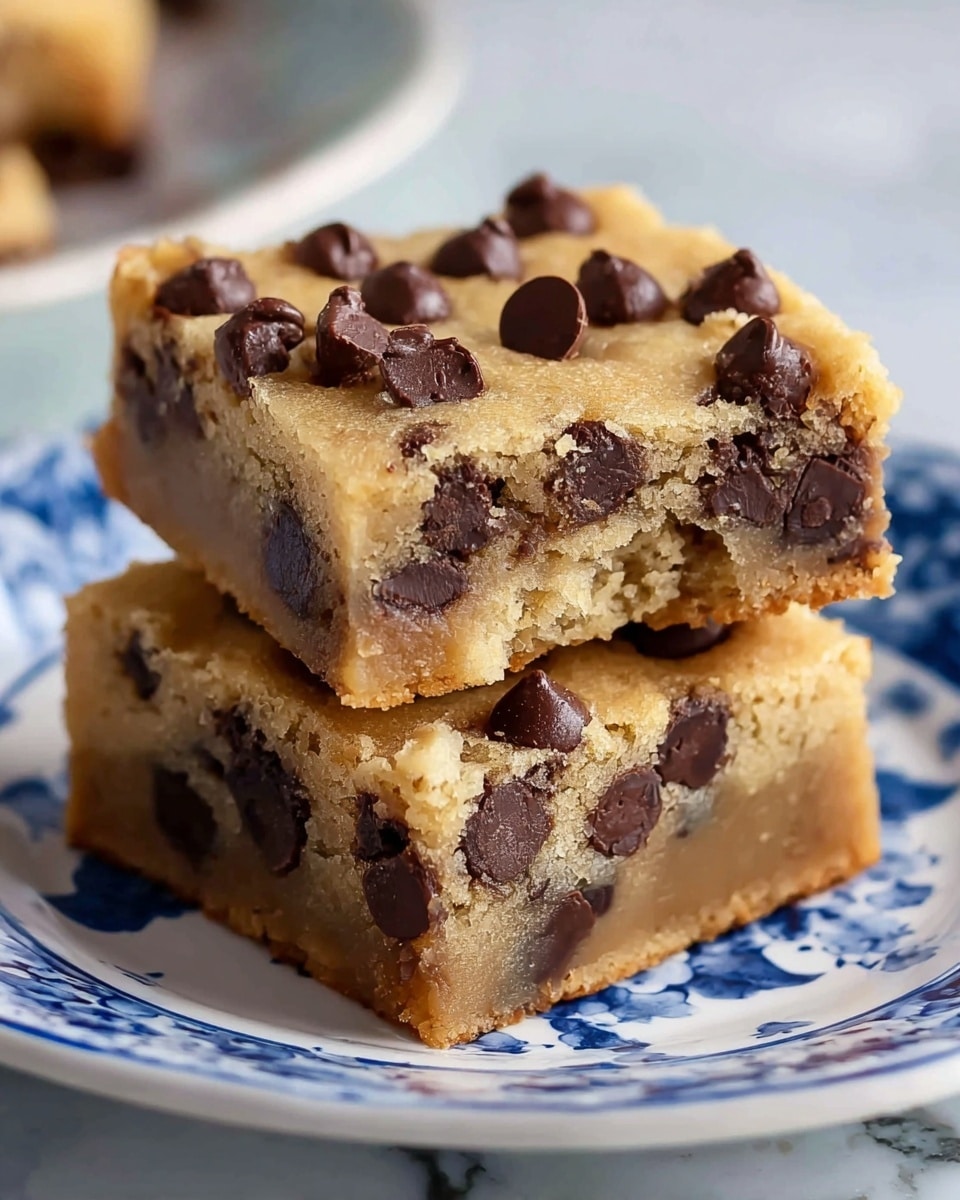 Two thick square pieces of chocolate chip cookie bar are stacked on a white plate with blue patterns. Each piece has one layer, golden brown in color with a soft, crumbly texture, and is packed with many small and large melted dark chocolate chips scattered inside and on top. The edges show slight browning, giving a baked appearance, and one top piece has a small bite taken from the corner, revealing the moist center. The background has a white marbled texture. photo taken with an iphone --ar 4:5 --v 7