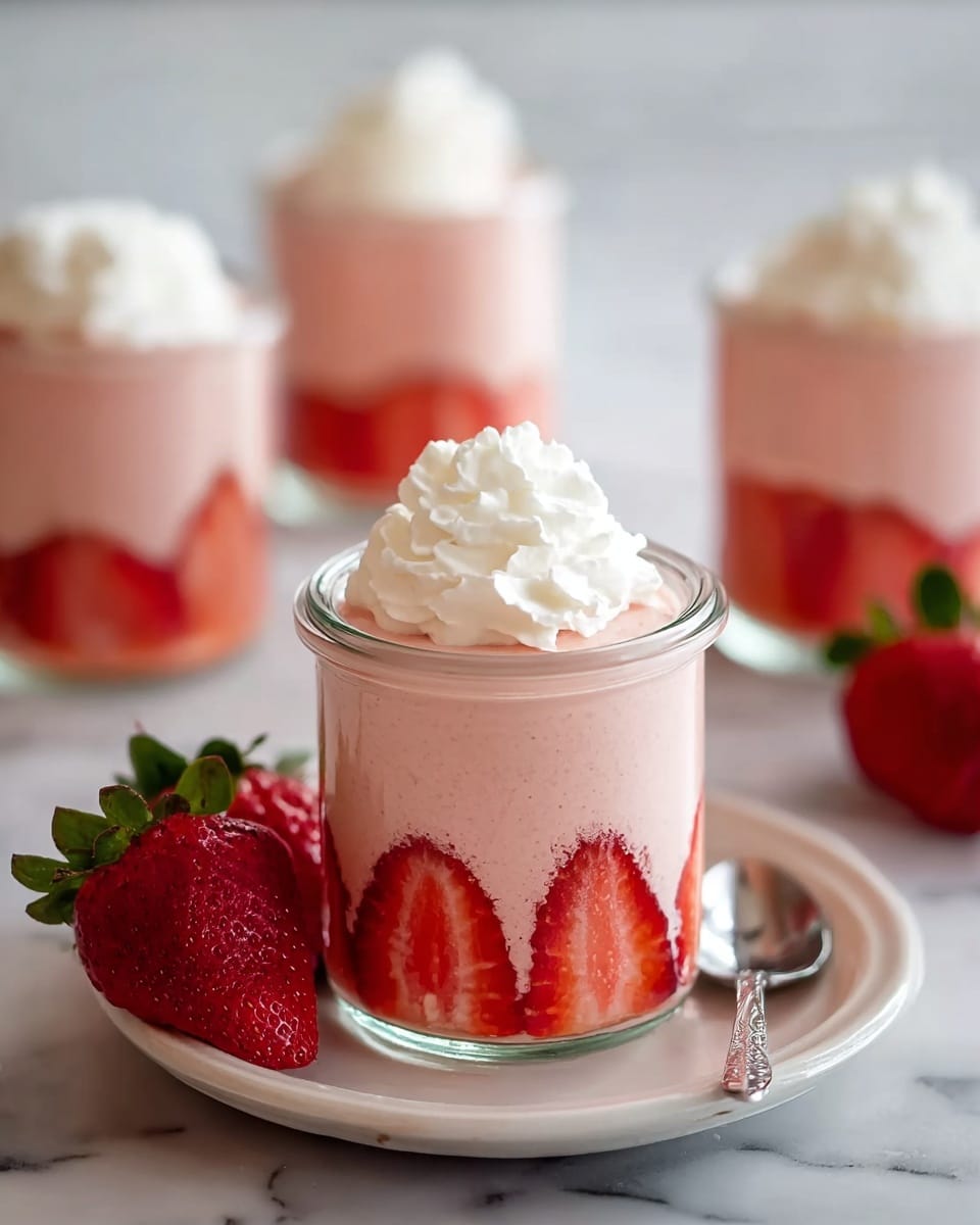 A small clear glass jar filled with three layers: the bottom layer shows whole strawberry slices pressed against the glass, bright red with their seeds visible; the middle layer is a thick, smooth pale pink strawberry mousse that fills most of the jar; the top layer is a dollop of white whipped cream sitting on the mousse. The jars are placed on a white plate with fresh whole strawberries and a small silver spoon nearby, all set on a white marbled surface. The focus is on the front jar with others blurred in the background. photo taken with an iphone --ar 4:5 --v 7