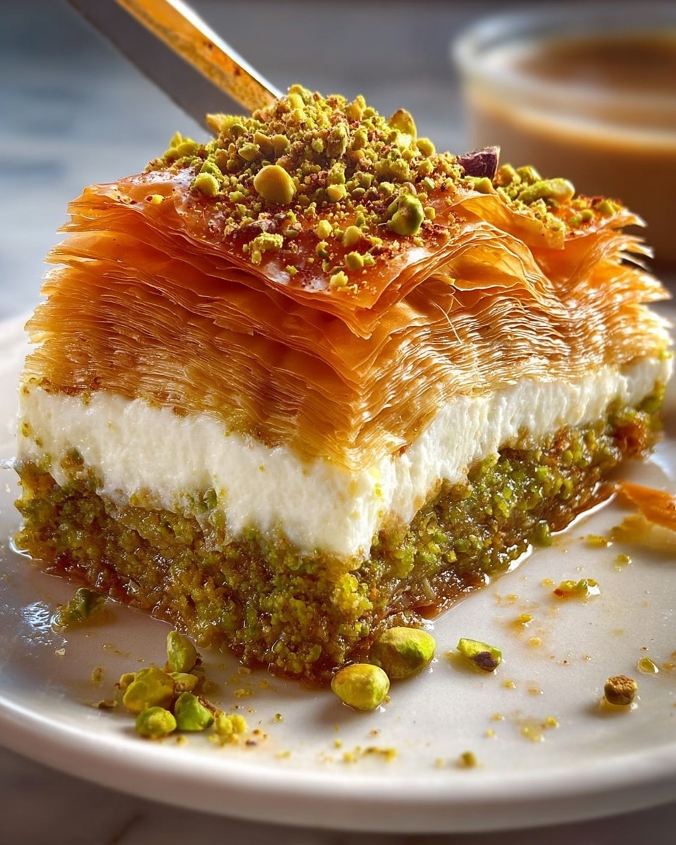 A close-up of a slice of layered dessert placed on a white plate with a white marbled texture background, showing multiple thin, golden-brown flaky layers stacked on top, creating a crispy top section. Below the golden layers is a thick, smooth, creamy white layer, and underneath that is a dense, bright green nutty base made of crushed pistachios, with whole pistachio pieces scattered around the plate and on top. A shiny syrup coats the bottom part of the slice, giving it a glossy look, and a sharp knife is slicing through the top flaky layers. Photo taken with an iphone --ar 4:5 --v 7