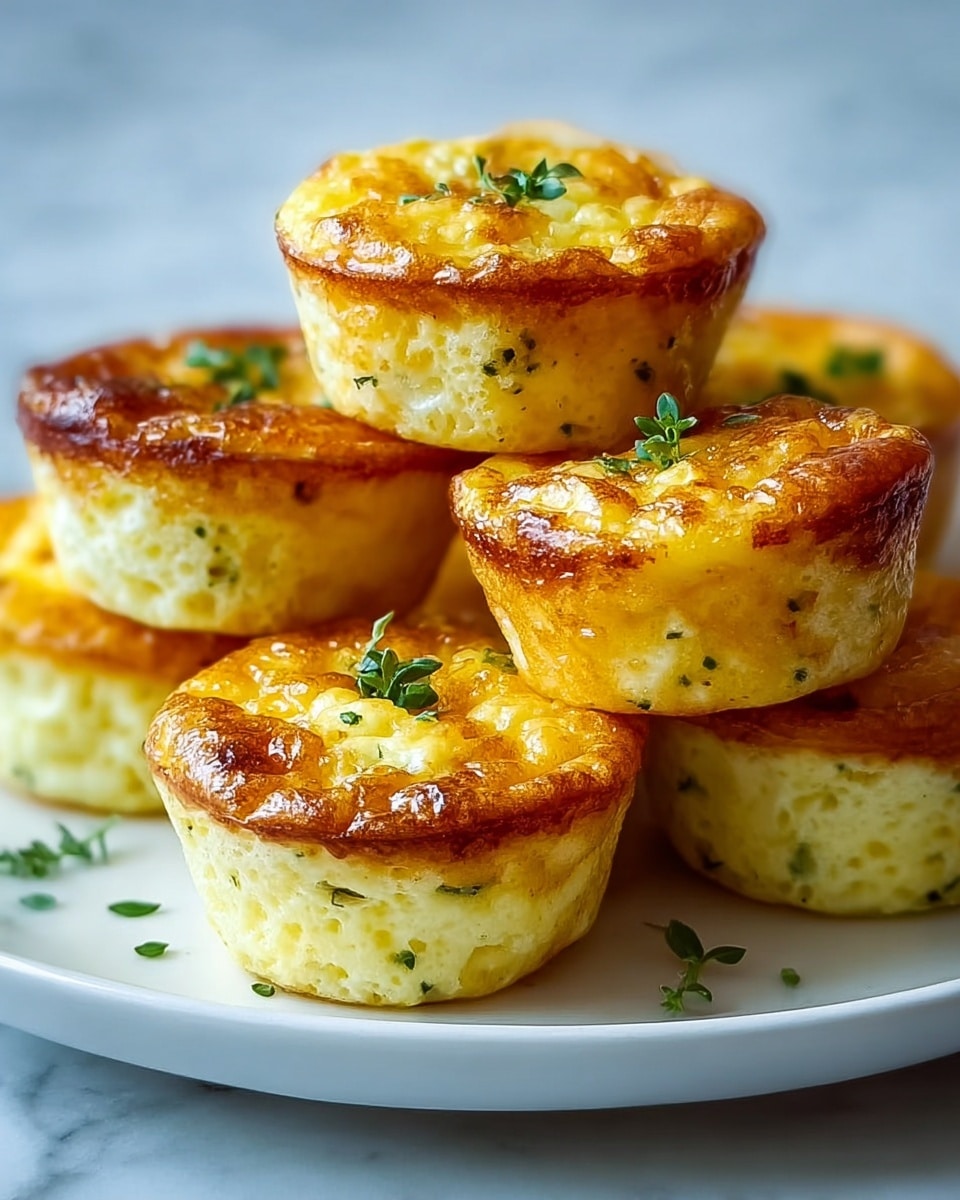 A group of seven small egg muffins are stacked on a white plate with a few scattered green herb leaves. Each muffin has two visible layers: the bottom layer is pale yellow with a soft, slightly airy texture, and small bits of green herbs inside; the top layer is a golden-brown slightly crispy crust, with a shiny and small bubbly texture, garnished with small green herb leaves on top. The plate sits on a white marbled surface. Photo taken with an iphone --ar 4:5 --v 7