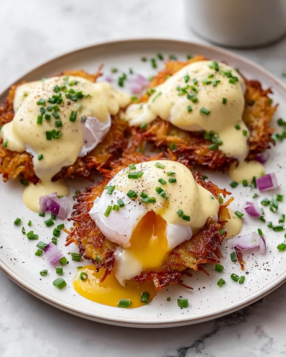 Three crispy, golden brown potato cakes form the base layer on a white speckled plate with a white marbled texture surface in the background. Each potato cake is topped with a smooth, bright white poached egg that is covered generously in a pale yellow hollandaise sauce. The sauce pools slightly around the cakes, and finely chopped green chives and small pieces of purple-red onion are sprinkled on top, adding vibrant color contrast. A light dusting of black pepper is visible on the eggs and sauce, enhancing texture and detail. The arrangement is neat, with the three stacks placed close together but distinct from each other. photo taken with an iphone --ar 4:5 --v 7