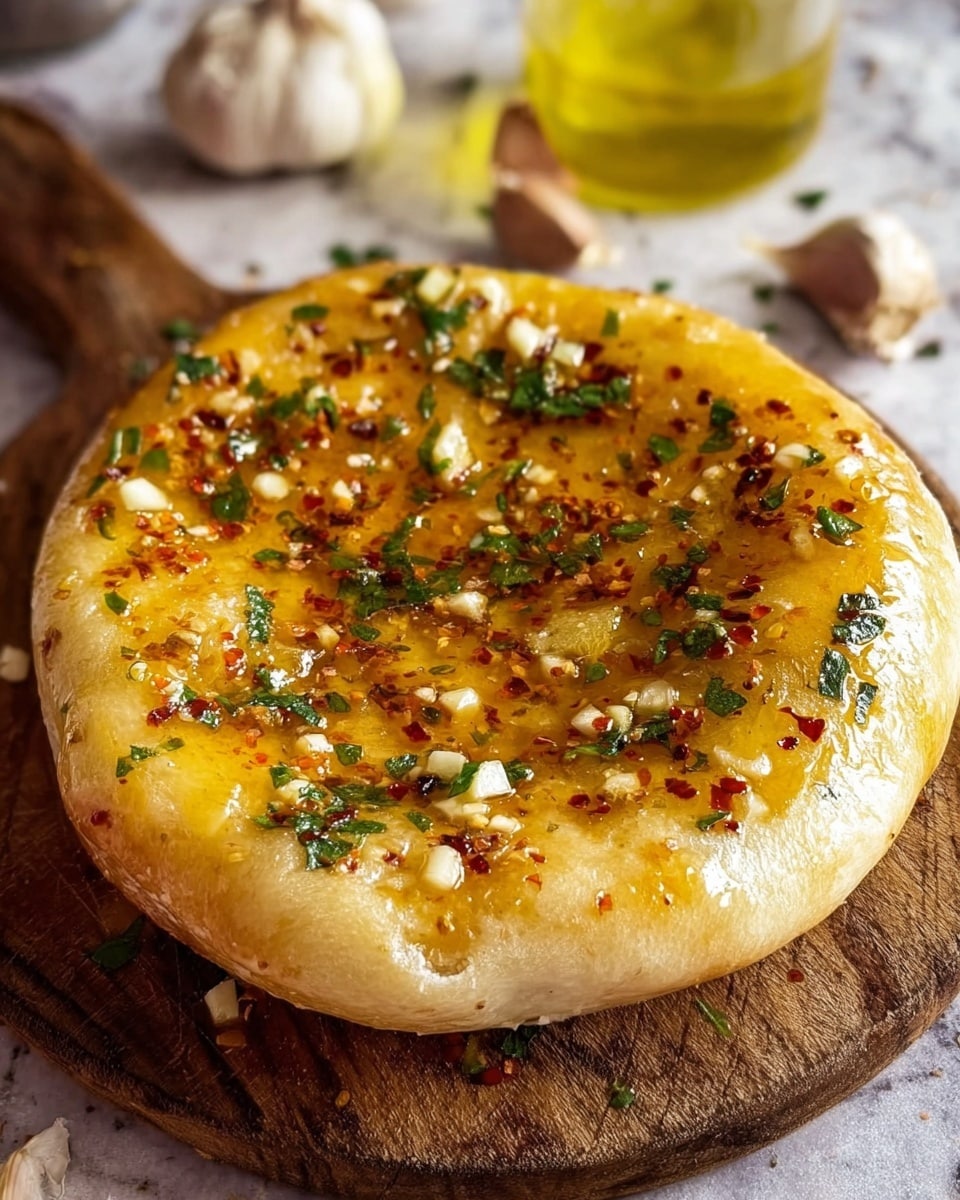 The image shows a round, thick bread with a soft, spongy surface placed on a wooden board. The bread is topped with a golden-yellow oily layer mixed with small white chunks of garlic and scattered green herbs. There are also tiny red chili flakes spread evenly across the top, adding a touch of red color. The edges of the bread are slightly puffed and lighter in color, contrasting the rich, shiny topping. In the background, there are partially peeled garlic cloves and a glass container with a yellow liquid, all set on a white marbled texture. Photo taken with an iphone --ar 4:5 --v 7
