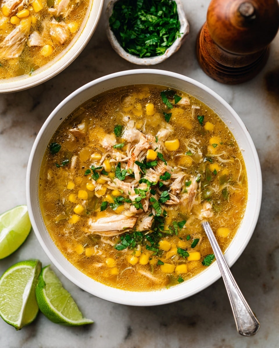 A white bowl filled with thick chicken soup showing a rich, golden broth mixed with shredded and chunked pieces of cooked chicken, bright yellow corn kernels, and soft diced onions, all topped with scattered fresh green herbs. A metal spoon rests inside the bowl, ready to scoop the soup. Next to it, lime wedges sit on the white marbled texture, along with a small white bowl holding more fresh green herbs. In the background, a wooden pepper grinder rests on the white marbled surface. photo taken with an iphone --ar 4:5 --v 7