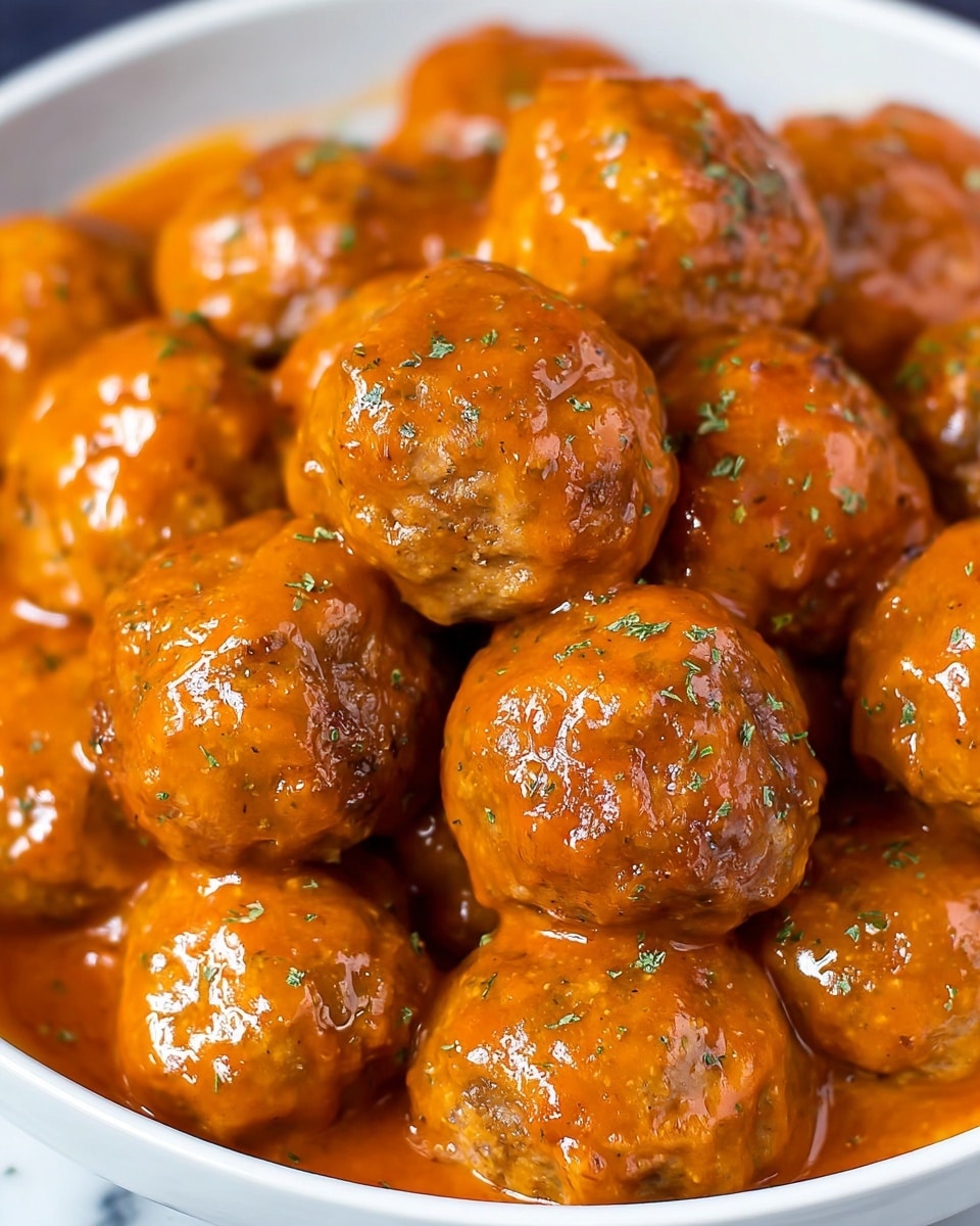 A close-up view of a white bowl filled with several round meatballs coated in a shiny orange glaze sauce. The meatballs have a slightly rough texture with small browned spots and are sprinkled lightly with small green herb flakes. The glossy sauce covering the meatballs reflects light, giving them a wet and appetizing appearance. The bowl is placed on a white marbled surface, emphasizing the bright orange color of the sauce and the green herbs. photo taken with an iphone --ar 4:5 --v 7