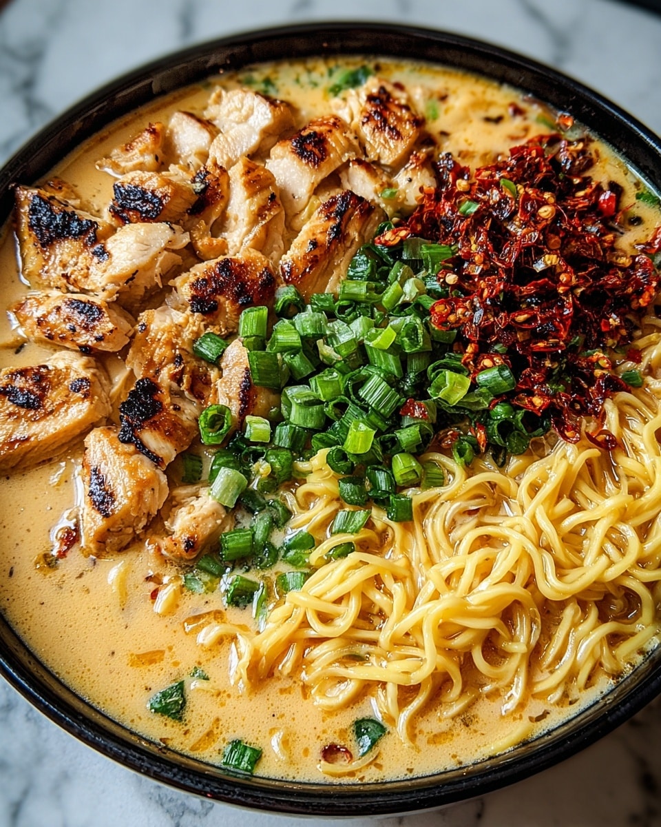 A black bowl filled with creamy soup as the base layer, topped with three main sections: tender, grilled chicken pieces with golden and slightly charred edges on the bottom left, thin yellow noodles forming a large pile in the middle, covered with chopped bright green scallions, and on the right side, a generous layer of dark red chili flakes mixed with small green onion pieces. The broth has a smooth, rich texture, filling the spaces around the toppings. The bowl sits on a white marbled surface. photo taken with an iphone --ar 4:5 --v 7