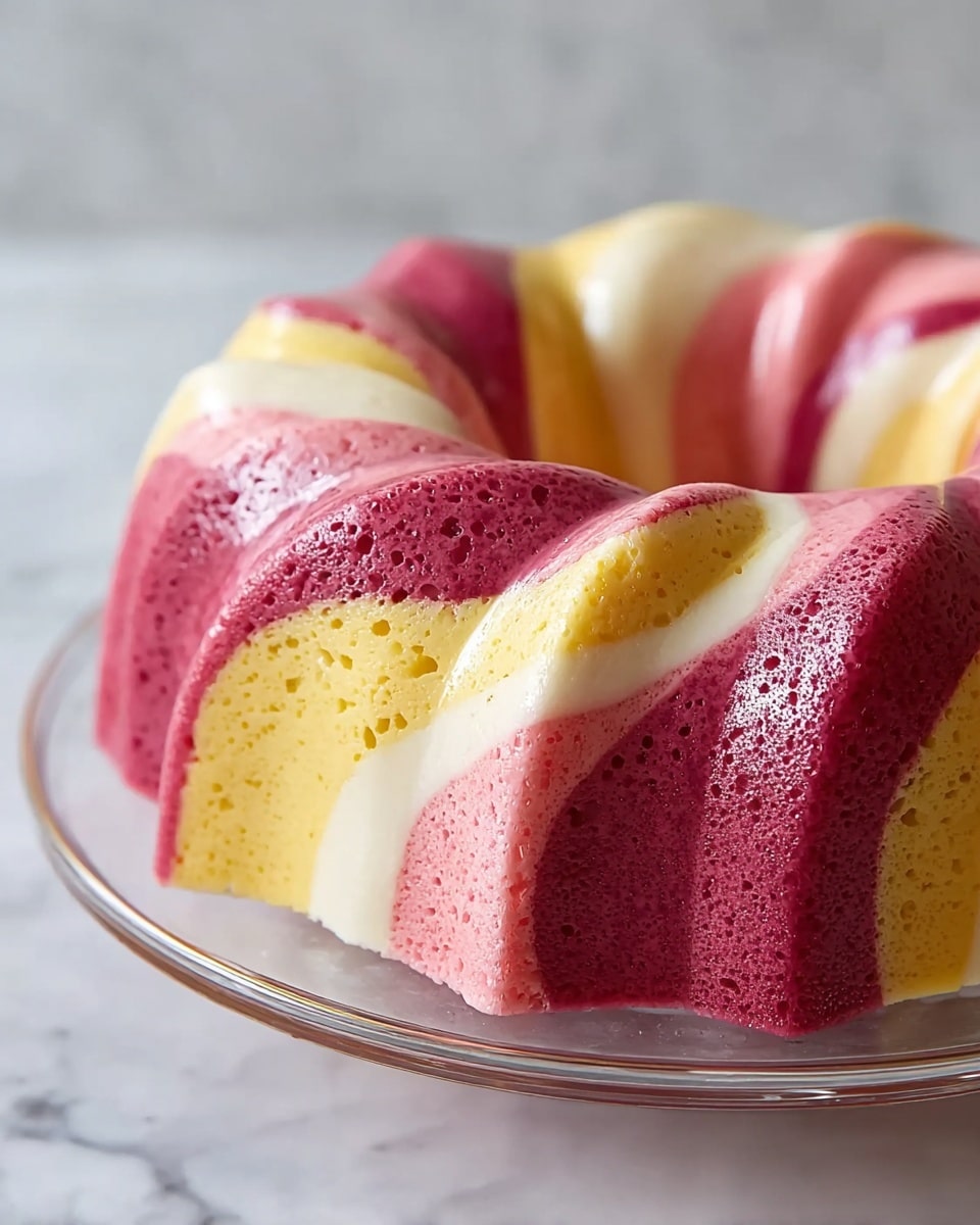 A smooth, swirled bundt cake with three visible layers of colors—deep pink, creamy white, and light yellow—flow together in a wavy pattern that wraps around the entire cake. The cake has a glossy texture with small air holes scattered throughout the pink and yellow parts, while the white areas look softer and smoother. It sits on a clear glass plate placed on a white marbled surface, and the background is softly blurred to keep the focus on the cake’s vibrant yet gentle colors. photo taken with an iphone --ar 4:5 --v 7