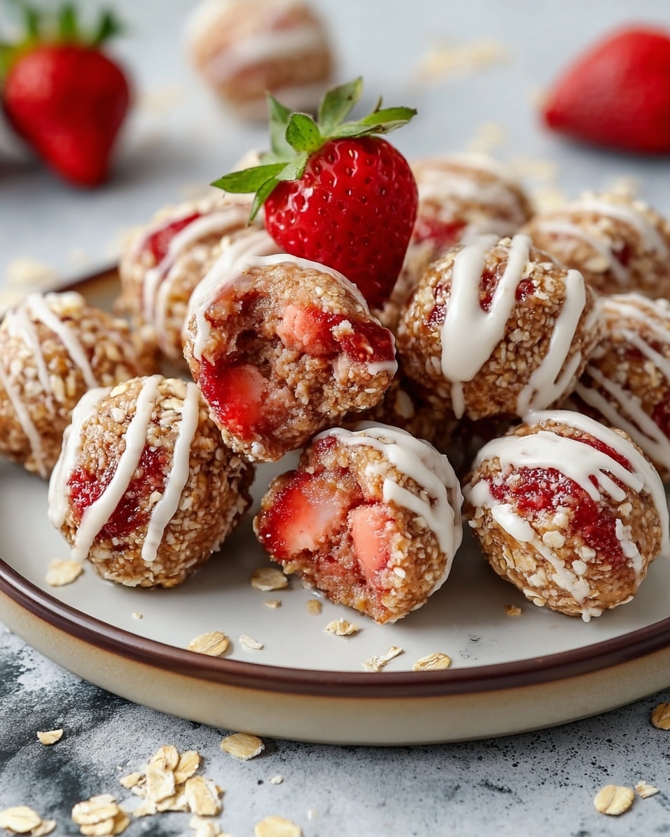 A plate filled with round bite-sized balls made of red strawberry pieces coated in a light brown oat layer with visible oats covering the surface. Some of the balls are topped with a white creamy drizzle that adds a glossy texture. One of the balls in the front is bitten in half, showing a juicy, bright red strawberry interior. A whole bright red strawberry with green leaves sits on top of the balls. The plate is white with a thin brown rim, placed on a white marbled surface with a few scattered oats and strawberries around it. Photo taken with an iphone --ar 4:5 --v 7