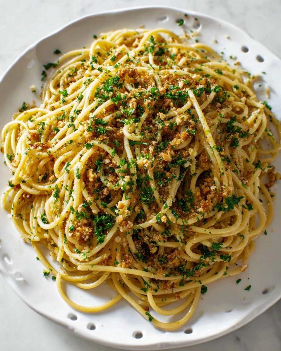 A large pile of cooked spaghetti rests on a white plate with small decorative holes near the edge, sitting on a white marbled surface. The spaghetti is a light golden-yellow color and is evenly mixed with small pieces of brown toasted breadcrumbs and chopped nuts. Bright green chopped parsley is scattered generously on top and throughout the pasta, adding freshness and color contrast. The texture looks slightly oily but well-tossed, with the noodles softly twisted and piled high in the center of the plate. Photo taken with an iphone --ar 4:5 --v 7
