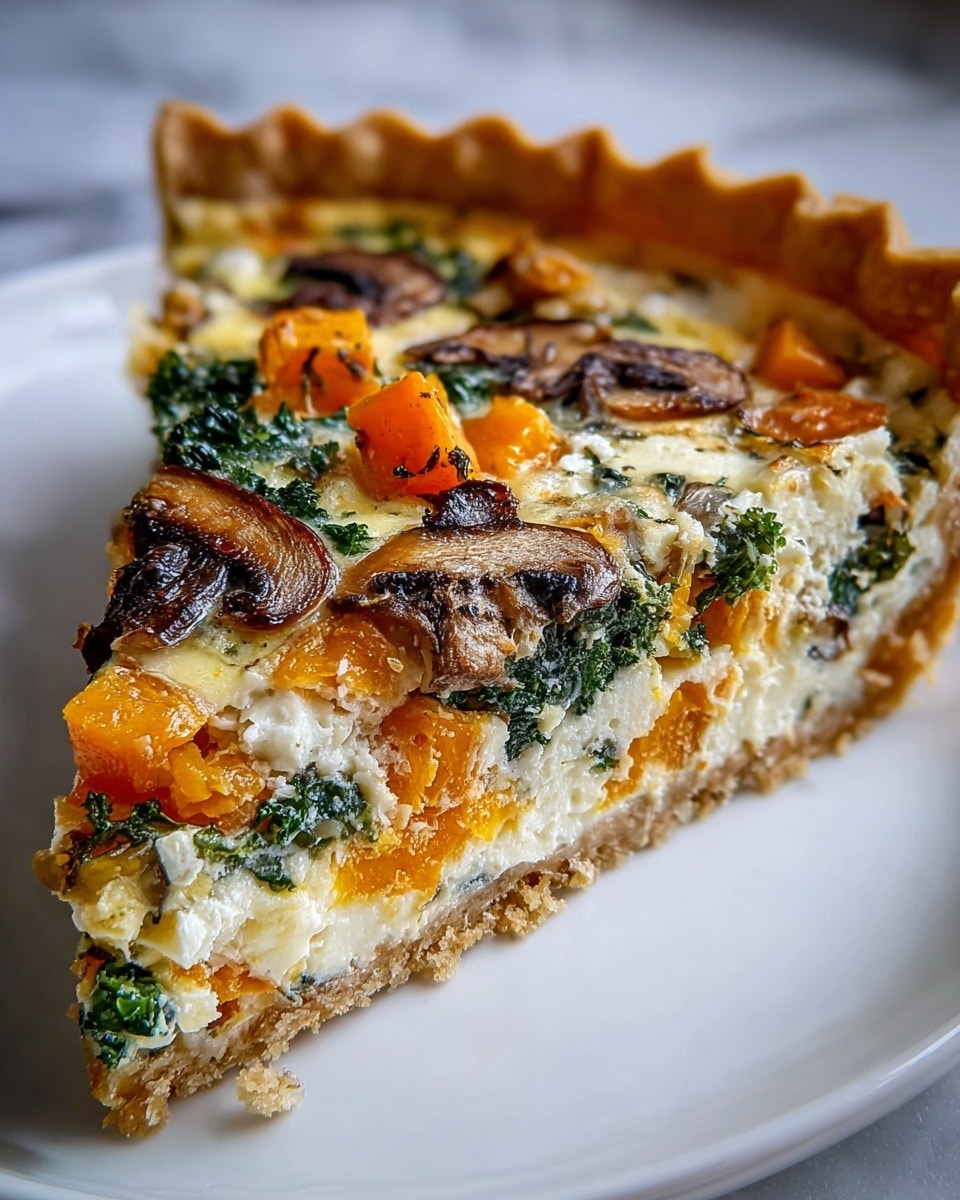 A slice of vegetable quiche on a white plate shows a thick, golden-brown crust with scalloped edges. Inside, the quiche has three main layers: a bottom crust layer that is light brown and crumbly, a middle creamy layer filled with visible chunks of orange butternut squash, green kale leaves, and white cheese, and a top layer studded with browned, tender mushroom slices and roasted butternut squash pieces, all held together by a slightly golden baked egg mixture. The different textures of soft vegetables, creamy filling, and firm crust are clearly visible. The background has a white marbled texture. photo taken with an iphone --ar 4:5 --v 7