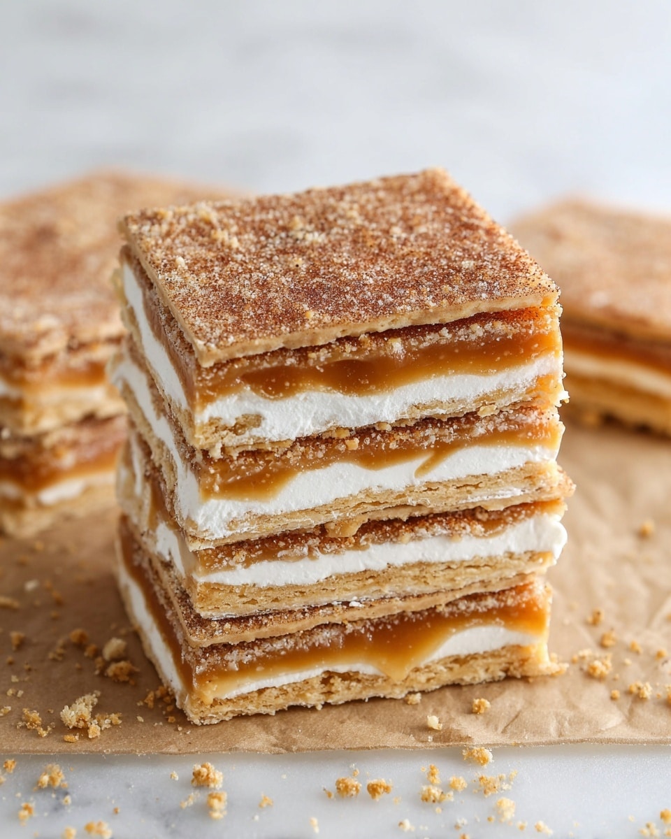 A close view of a stack of five square layered treats on a piece of brown parchment paper atop a white marbled surface; each layer alternates between a light tan cracker base with airy texture and a smooth white cream layer, with a thick golden caramel layer between the top cream and cracker layers; the top layer is coated with a grainy mix of sugar and cinnamon, giving a slightly rough texture and warm brown color; scattered cracker crumbs surround the stack, adding a rustic feel. Photo taken with an iphone --ar 4:5 --v 7