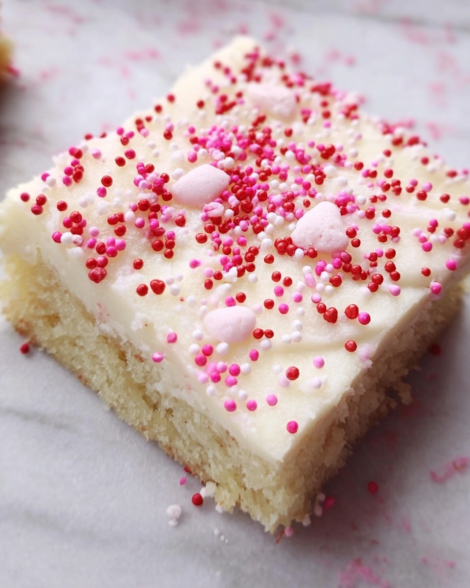 A square piece of light-colored cake with a thick, creamy white frosting layer on top, covered with small round sprinkles in shades of red and pink scattered evenly across the surface, sitting on white marbled texture; the cake looks soft and moist with a slightly crumbly edge visible. photo taken with an iphone --ar 4:5 --v 7