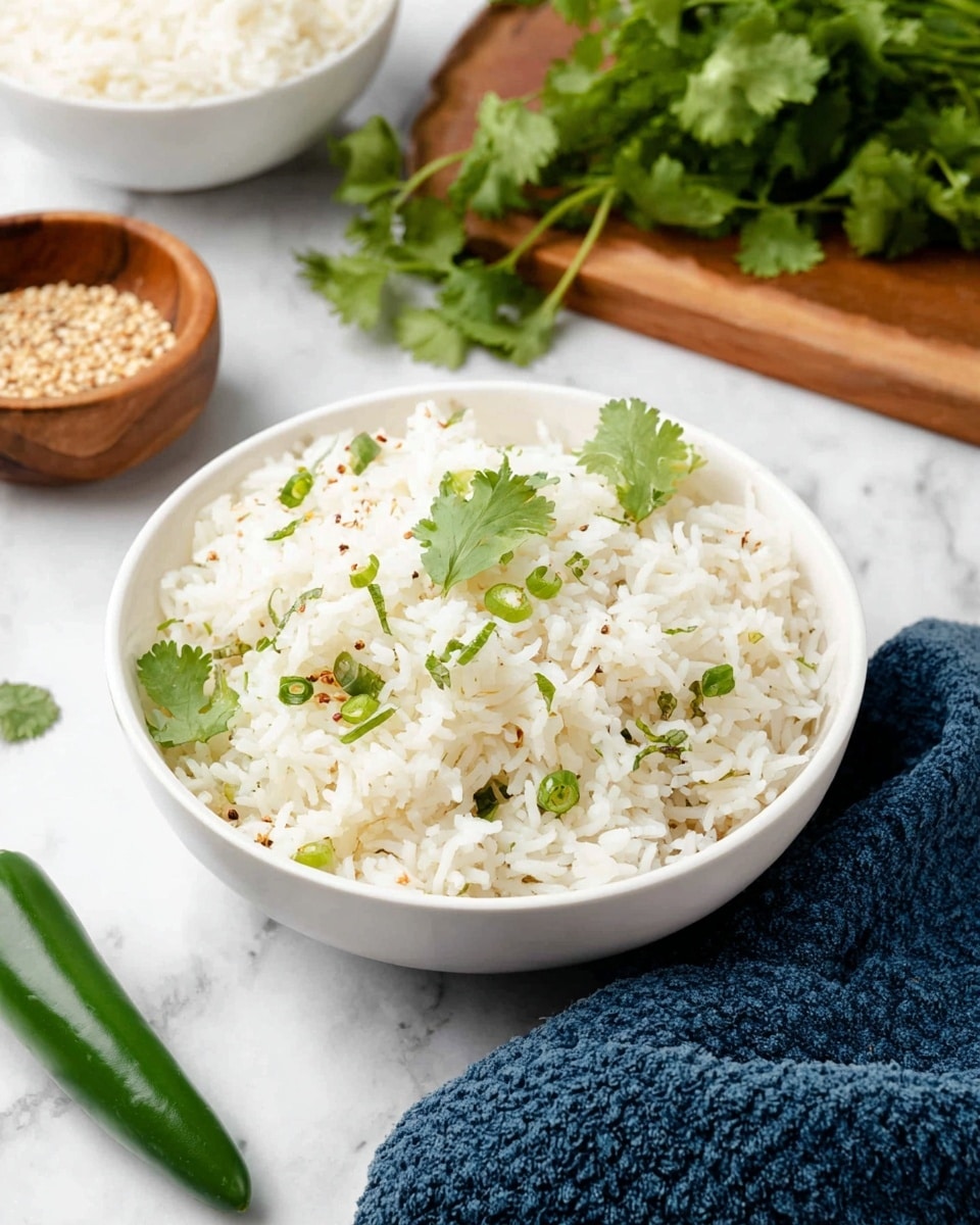 A white bowl is filled with cooked white rice mixed with small green chili pieces and sprinkled with fresh green cilantro leaves. The rice looks soft and fluffy with a few brown mustard seeds scattered throughout. Behind the bowl, there is a bunch of fresh green cilantro, a long green chili, a small wooden bowl with light brown seeds, and a cutting board with another white bowl of rice partially shown. A dark blue textured cloth is placed next to the rice bowl on a white marbled surface. Photo taken with an iphone --ar 4:5 --v 7