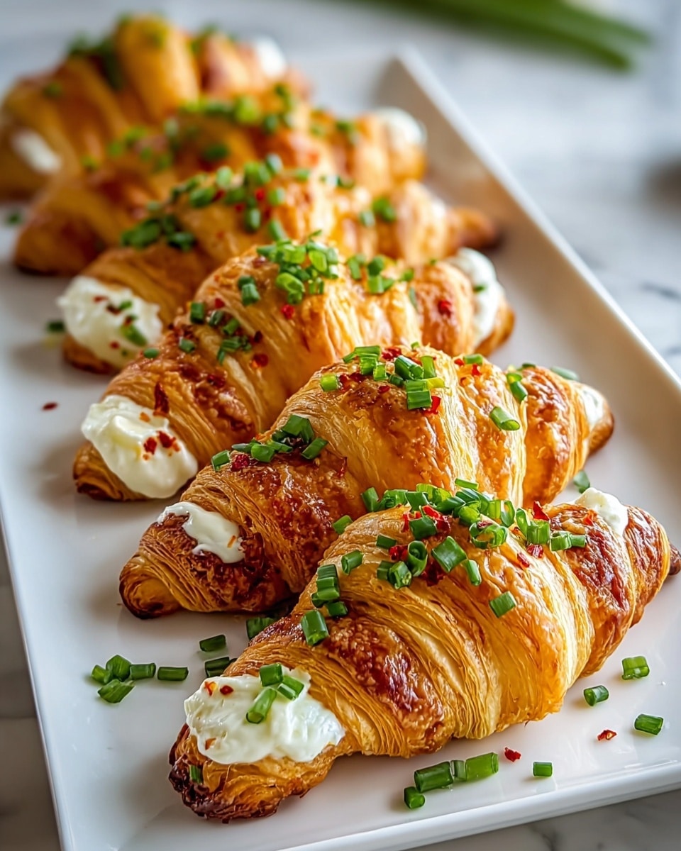The image shows a white rectangular plate with five golden-brown croissants arranged in a row. Each croissant is flaky and crispy with multiple layers visible, and has white creamy filling spread inside the folds. Bright green chopped chives are sprinkled generously on top of the cream, along with small bits of red chili flakes adding a pop of color. The plate sits on a white marbled surface, and the background is softly blurred with a touch of natural light. photo taken with an iphone --ar 4:5 --v 7