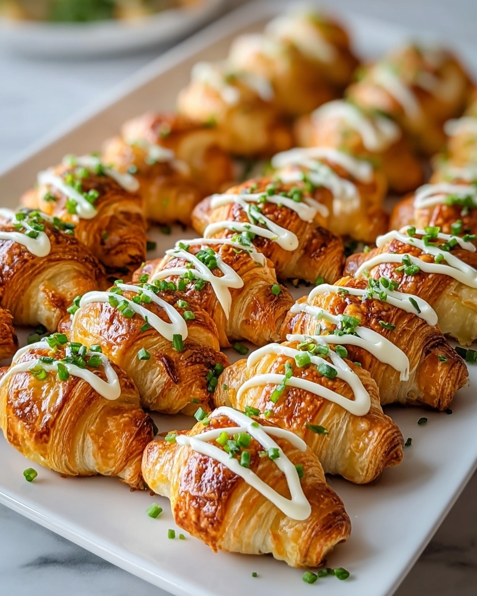The image shows a close-up of a white rectangular plate filled with multiple golden-brown pastries shaped like small croissants. Each pastry has a crispy, flaky texture with visible layers and is topped with a light drizzle of creamy white sauce in diagonal lines. Bright green chopped chives are scattered evenly on top, adding a fresh pop of color. The pastries are arranged in neat rows, filling the plate and creating a sense of abundance. The background features a soft white marbled surface, enhancing the warm tones of the pastries. photo taken with an iphone --ar 4:5 --v 7