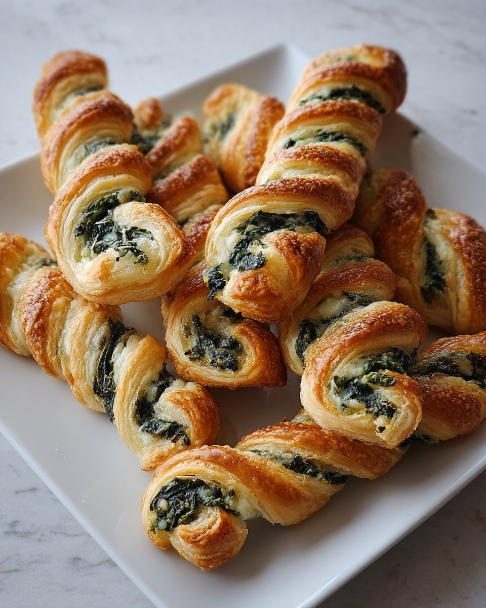 A white square plate holds several golden-brown puff pastry twists filled with a green spinach and cheese mixture visible through the spiral layers. Each twist has multiple flaky layers with a shiny, crispy surface, and the filling peeks through gaps in the dough creating a contrast between the light golden puff and dark green spinach. The pastries are arranged loosely, overlapping on a white marbled surface in soft natural light. photo taken with an iphone --ar 4:5 --v 7