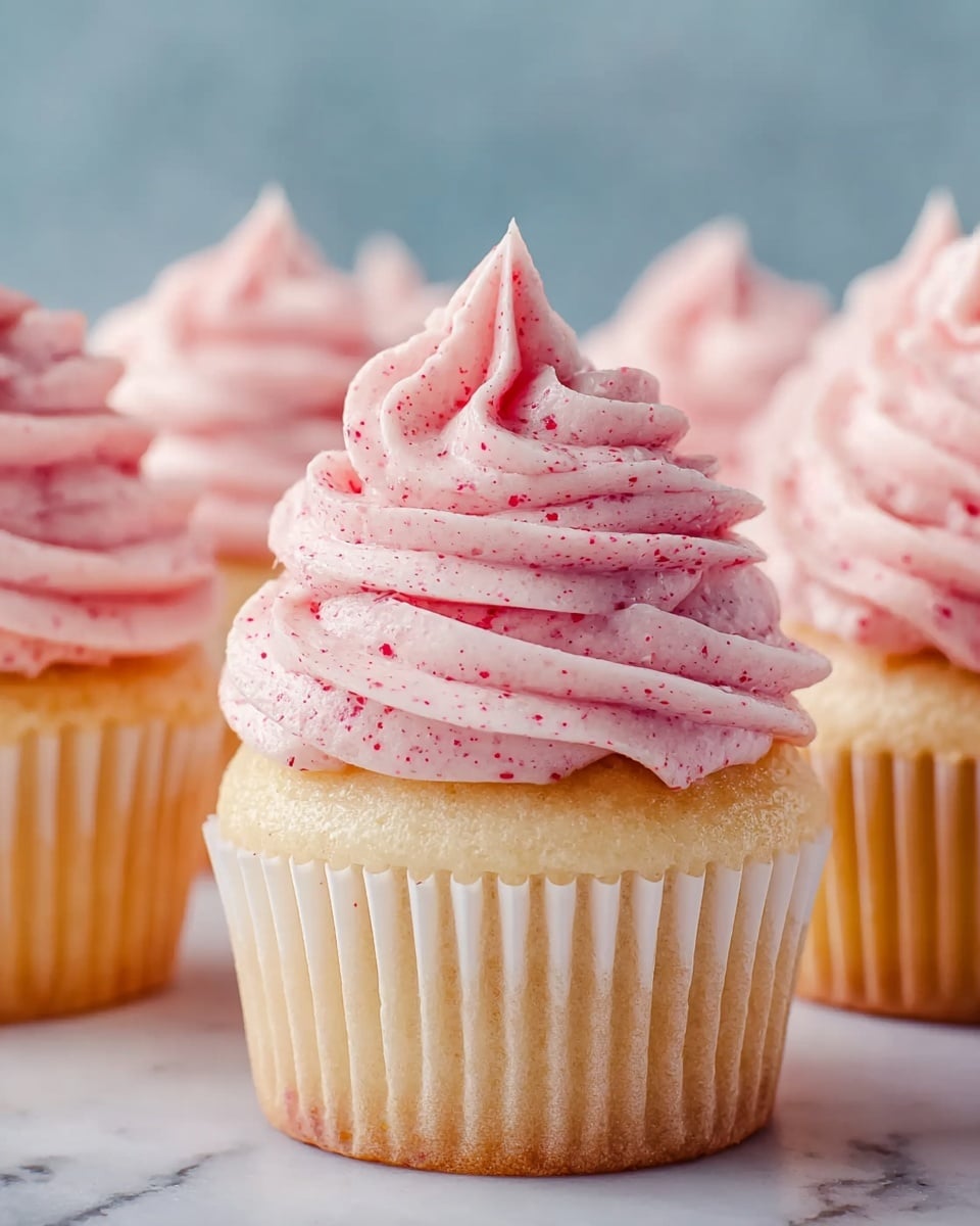 A close-up view of a set of vanilla cupcakes with light golden bases wrapped in white paper liners. Each cupcake is topped with a thick layer of soft, swirled pink frosting that has tiny red specks throughout, creating a textured look. The frosting is piped in a tall spiral shape with a pointed peak on top. The cupcakes are placed on a white marbled surface with a soft blue-gray background blurred behind them. Photo taken with an iphone --ar 4:5 --v 7