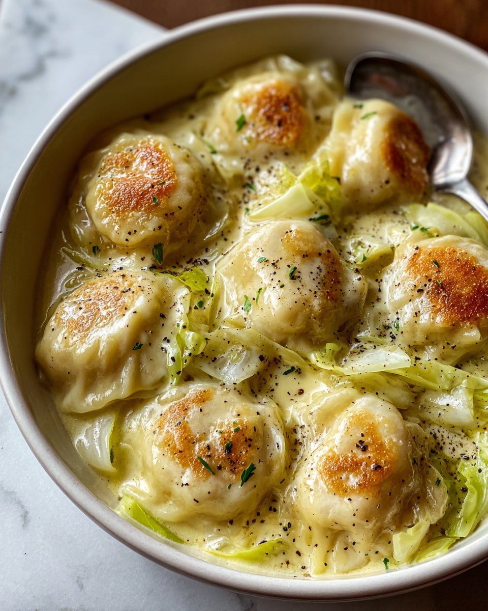 A close-up view of a white bowl filled with seven round, golden-browned dumplings sitting on top of soft, pale yellow cabbage pieces in a creamy sauce. The dumplings have a slightly crispy texture on top, sprinkled with black pepper and small green herb bits. The creamy sauce underneath is light beige and smooth, surrounding the dumplings and cabbage, making the dish look rich and comforting. The bowl rests on a white marbled surface. photo taken with an iphone --ar 4:5 --v 7