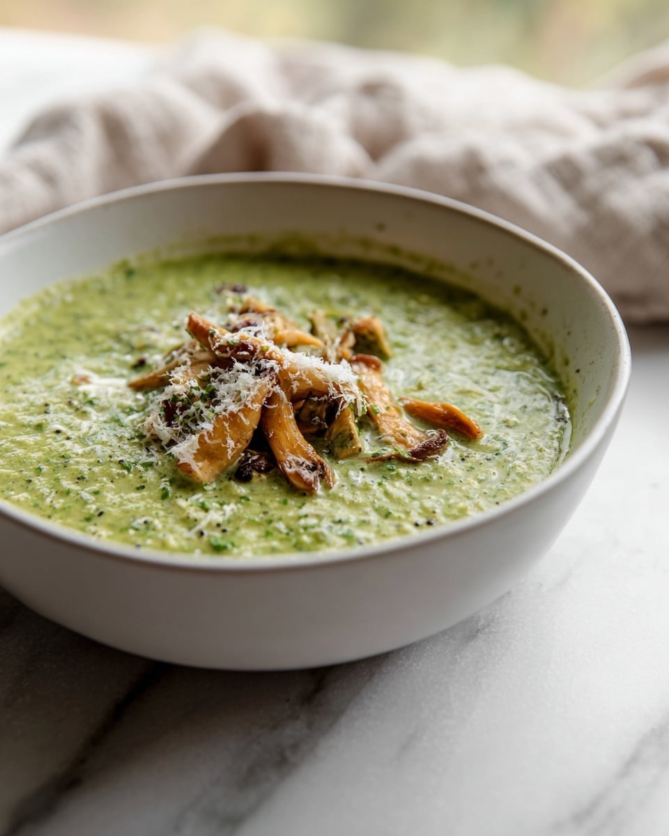 A white bowl filled with a creamy green soup that has a slightly thick texture with visible small vegetable pieces and herbs mixed throughout. On top, there is a small pile of cooked, light brown and orange mushrooms, with a fine white topping that looks like grated cheese. The bowl sits on a white marbled surface, and a soft fabric is blurred in the background. photo taken with an iphone --ar 4:5 --v 7