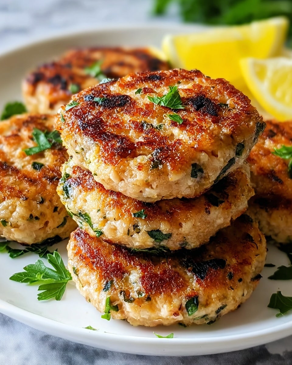 The image shows a white plate filled with five golden-brown salmon patties stacked unevenly, with some patties overlapping others. Each patty is round, slightly thick, and speckled with bright green herbs, giving a fresh touch. The patties have a crispy, browned texture on top with bits of green herbs visible inside, and the edges are well-cooked and slightly rough. Fresh green parsley leaves are scattered on and around the patties. Behind the patty stack, a lemon wedge is partially visible, adding a yellow contrast. The plate sits on a white marbled surface, softly blurred in the background. photo taken with an iphone --ar 4:5 --v 7