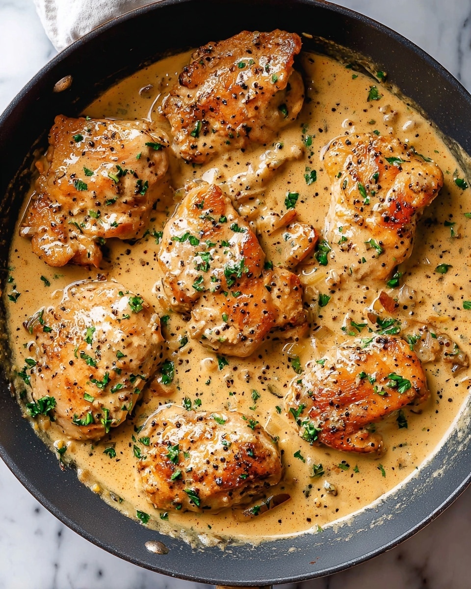 In a dark cooking pan filled with creamy beige sauce speckled with black peppercorns and finely chopped herbs, there are roughly eight pieces of golden-brown cooked chicken. The chicken pieces have a soft, slightly glossy texture from the sauce, with some parts lightly browned and showing grill marks. The sauce covers the bottom of the pan and pools around the chicken, with small bits of what looks like onions or garlic scattered throughout. Tiny green parsley leaves are sprinkled on top for garnish. The scene is set on a white marbled surface. photo taken with an iphone --ar 4:5 --v 7