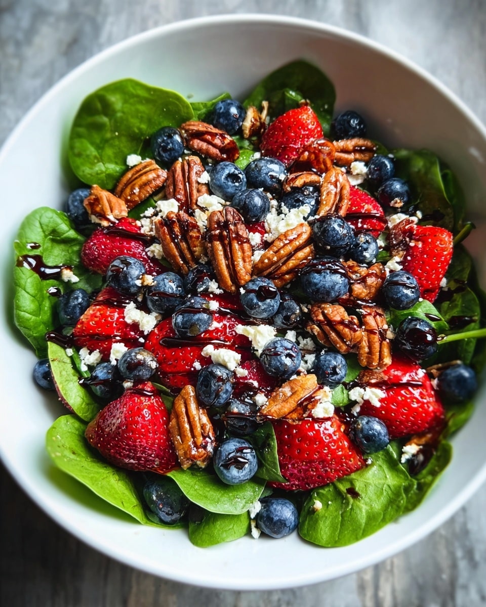 A white bowl is filled with fresh spinach leaves as the base layer, bright green and textured with visible veins. On top, there is a layer of halved strawberries, deep red with juicy, slightly shiny flesh. Scattered around are whole blueberries, rich dark blue and smooth. Pecans, medium brown with a rough surface, are placed evenly over the fruits. Small white crumbles of cheese are sprinkled throughout. The entire mix is drizzled with a dark balsamic glaze, adding a glossy, rich look. The bowl sits on a white marbled textured surface. photo taken with an iphone --ar 4:5 --v 7