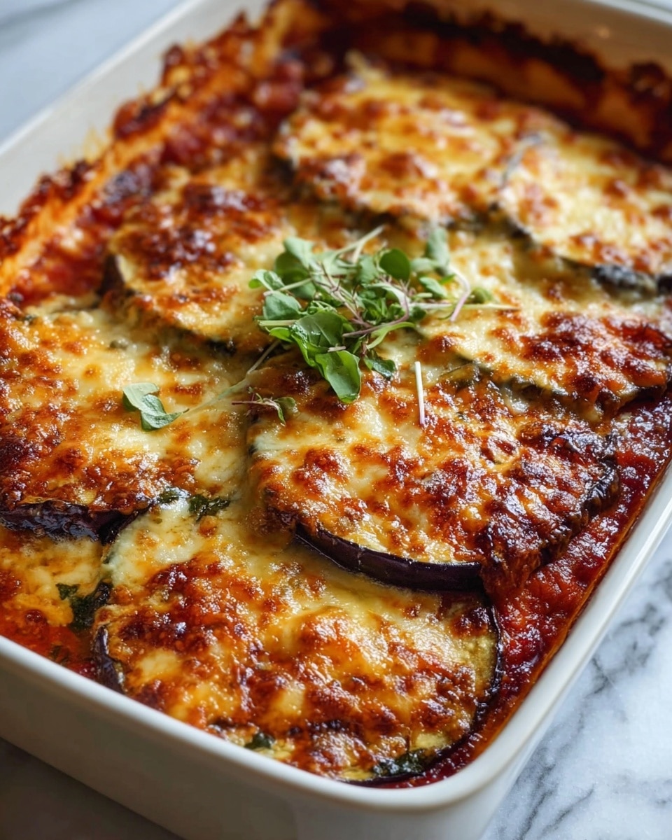 This image shows a baked dish with several layers visible in a white ceramic baking dish. The top layer is a golden brown melted cheese with a slightly crispy, bubbly texture. Below, there are thick purple slices of eggplant partially covered by the cheese, and some white creamy sauce mixed with herbs can be seen peeking through. The bottom layer reveals a rich, red tomato sauce slightly bubbling at the edges. The dish is garnished simply with a small green thyme sprig placed on top, providing a fresh contrast to the warm colors. The baking dish rests on a white marbled surface, enhancing the warm look of the food. Photo taken with an iphone --ar 4:5 --v 7