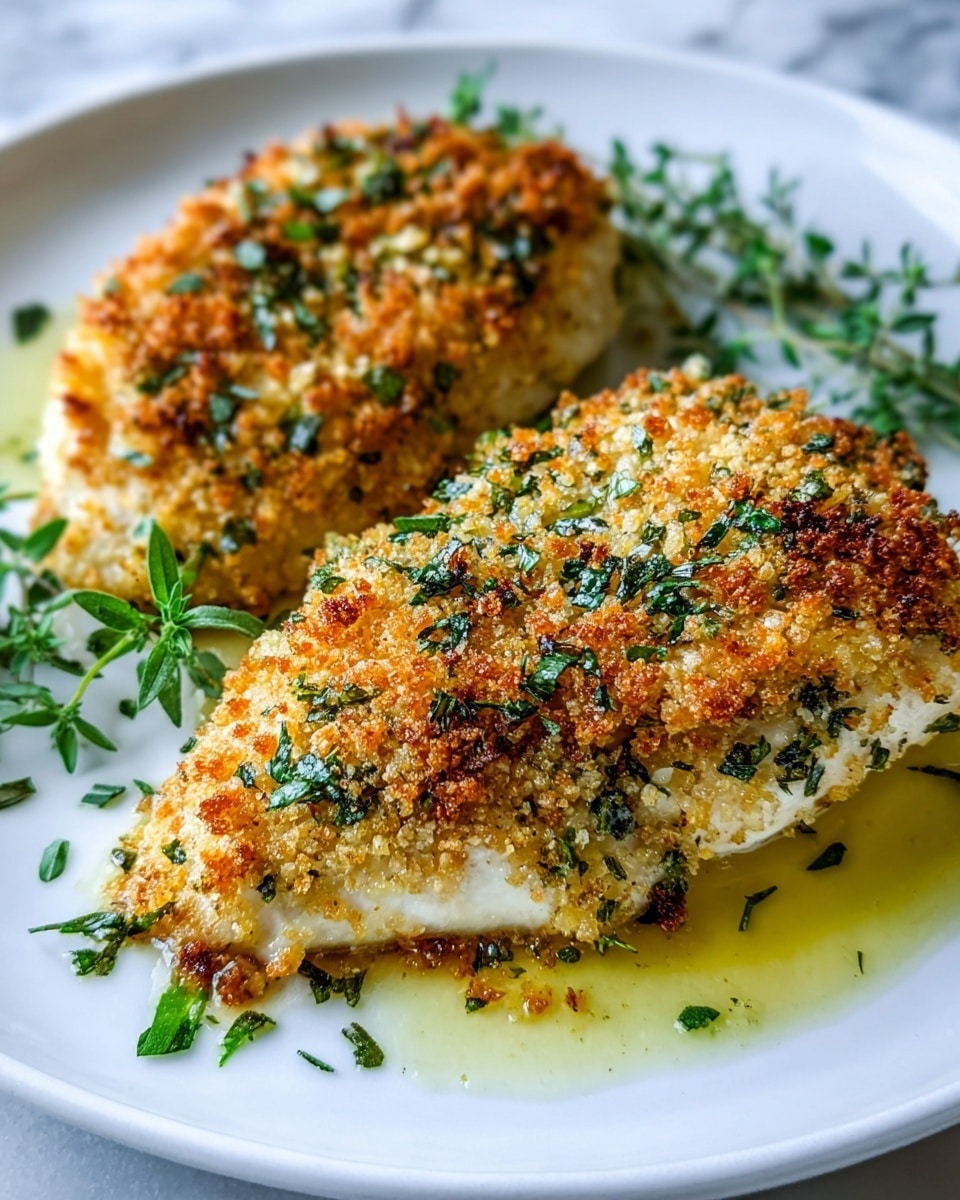 Two pieces of baked chicken breasts rest on a white plate with fresh green herbs around them. Each chicken breast has a thick, golden-brown crust made of crispy breadcrumbs and chopped fresh green herbs, showing a crunchy and textured top layer. The sides of the chicken breasts are smooth and white, soaking slightly in a light yellow oil or butter sauce pooled at the base. The white plate sits on a white marbled surface, and the fresh herbs add a bright green color contrast to the warm, toasted look of the chicken. photo taken with an iphone --ar 4:5 --v 7