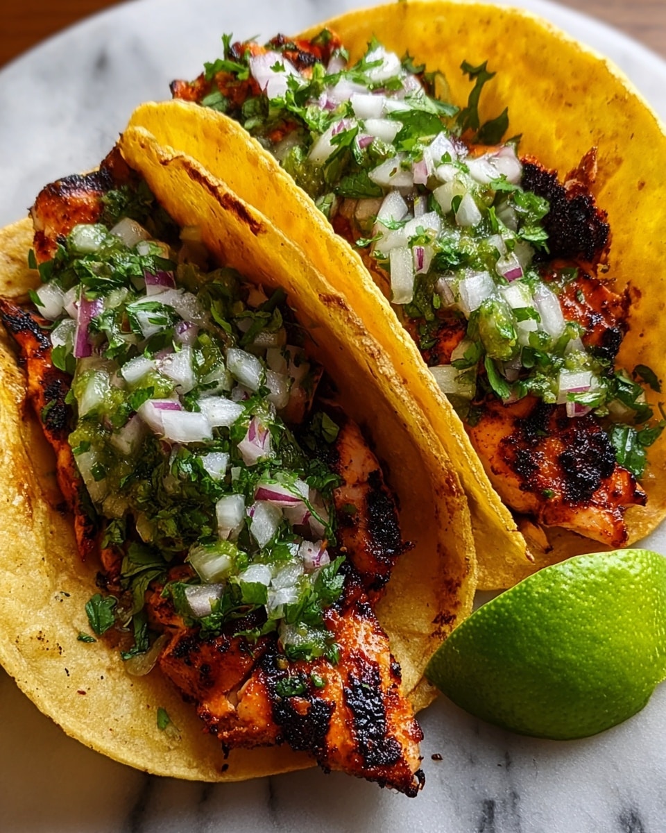 Two grilled chicken tacos are shown close up, each taco made with two soft, lightly toasted yellow corn tortillas forming a pocket. Inside, there are charred, juicy pieces of orange-brown grilled chicken with blackened edges. On top of the chicken, there is a layer of fresh green salsa, finely chopped white and purple onions, and chopped green cilantro, adding color and texture. To the right of the tacos, a fresh lime wedge with a bright green rind and pale green inside is visible. The tacos rest on a white marbled surface. photo taken with an iphone --ar 4:5 --v 7