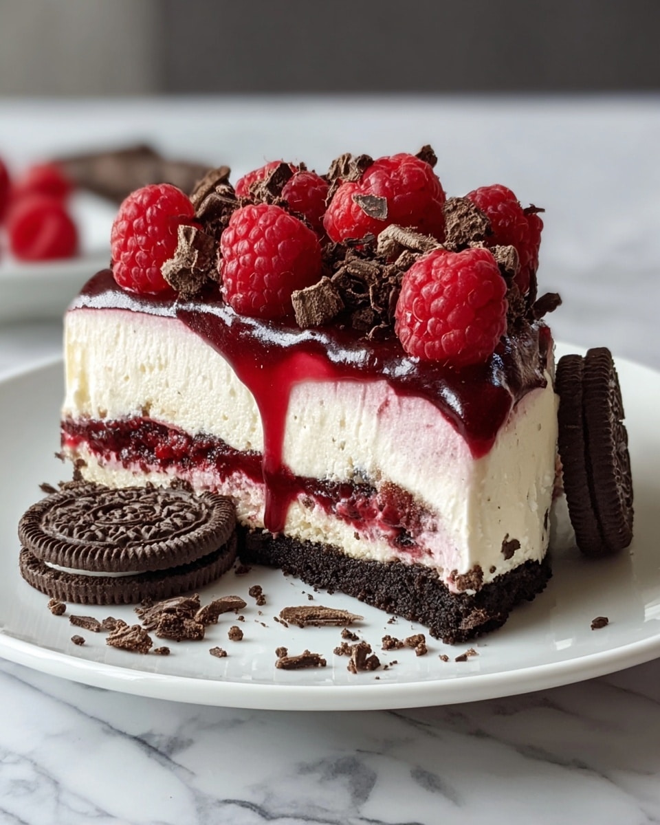A slice of dessert with four clear layers on a white plate, placed on a white marbled surface. The bottom layer is dark brown and crumbly, resembling a cookie base. Above that is a thick, shiny, deep red fruit layer that is slightly dripping down the sides. The third layer is light cream, smooth and thick, topped generously with fresh, plump red raspberries. Small dark chocolate shavings are scattered on the cream layer and around the plate, along with two dark chocolate sandwich cookies leaning on the plate edge. Photo taken with an iphone --ar 4:5 --v 7