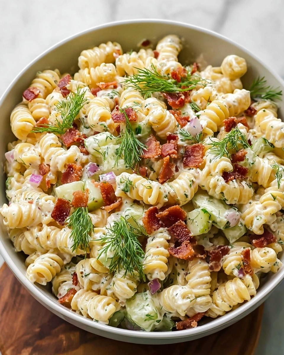 A bowl filled with creamy pasta salad made of short spiral pasta in a pale yellow color, mixed with small pieces of crispy reddish-brown bacon scattered throughout. There are green pickle slices and finely chopped purple-red onions mixed in, all coated with a creamy white dressing speckled with herbs. Bright green dill sprigs are placed on top, adding freshness. The bowl is white and sits on a white marbled surface. photo taken with an iphone --ar 4:5 --v 7