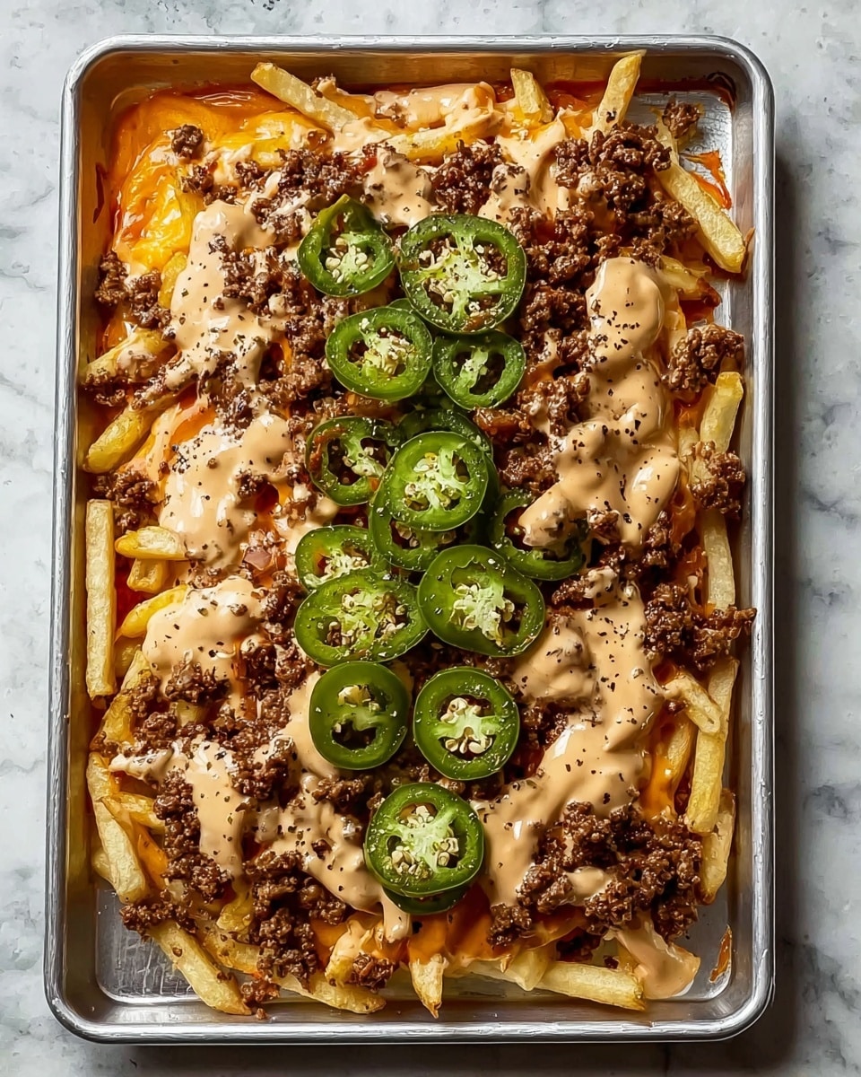 A metal baking tray holds a layered dish starting with a base of golden, crispy French fries spread evenly. Over the fries is a layer of melted orange cheese, partially visible beneath the toppings. Ground beef, crumbly and browned, is scattered generously over the cheese. Thick, creamy sauce with a pale beige color and specks of black pepper is drizzled over the ground beef and fries. Large, round slices of green jalapeño peppers are arranged in a line down the center, adding a vibrant green contrast. The tray is placed on a white marbled surface. photo taken with an iphone --ar 4:5 --v 7