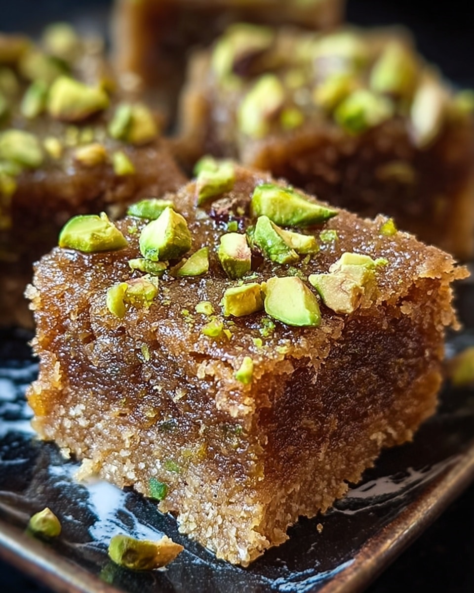 A close-up of a square dessert with one main thick layer that appears soft and moist with a brown, slightly grainy texture, topped with small green pistachio pieces scattered unevenly on the surface. The sides show a dense, crumbly texture with pistachio bits embedded inside the dessert. The pieces sit on a dark plate, with a white marbled texture underneath the plate visible slightly in the background. photo taken with an iphone --ar 4:5 --v 7
