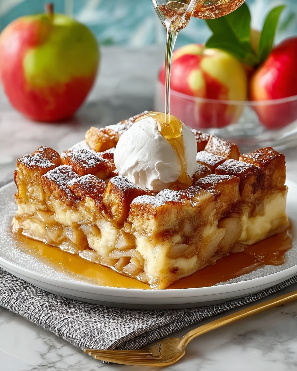 A thick square slice of apple bread pudding sits on a white plate, showing three main layers: the bottom layer of soft, cooked apple pieces bathed in syrup, the middle layer of dense, creamy custard soaked bread, and the top layer with a browned, crisp crust covered in small, caramelized apple cubes and dusted with powdered sugar. A scoop of white whipped cream rests in the middle on top, as golden syrup is being poured over it, creating a glossy drizzle. The plate is placed on a white marbled surface next to a gold fork on a gray textured napkin, with a fresh red and green apple on the left and a clear bowl of red and yellow apples in the background. Photo taken with an iphone --ar 4:5 --v 7
