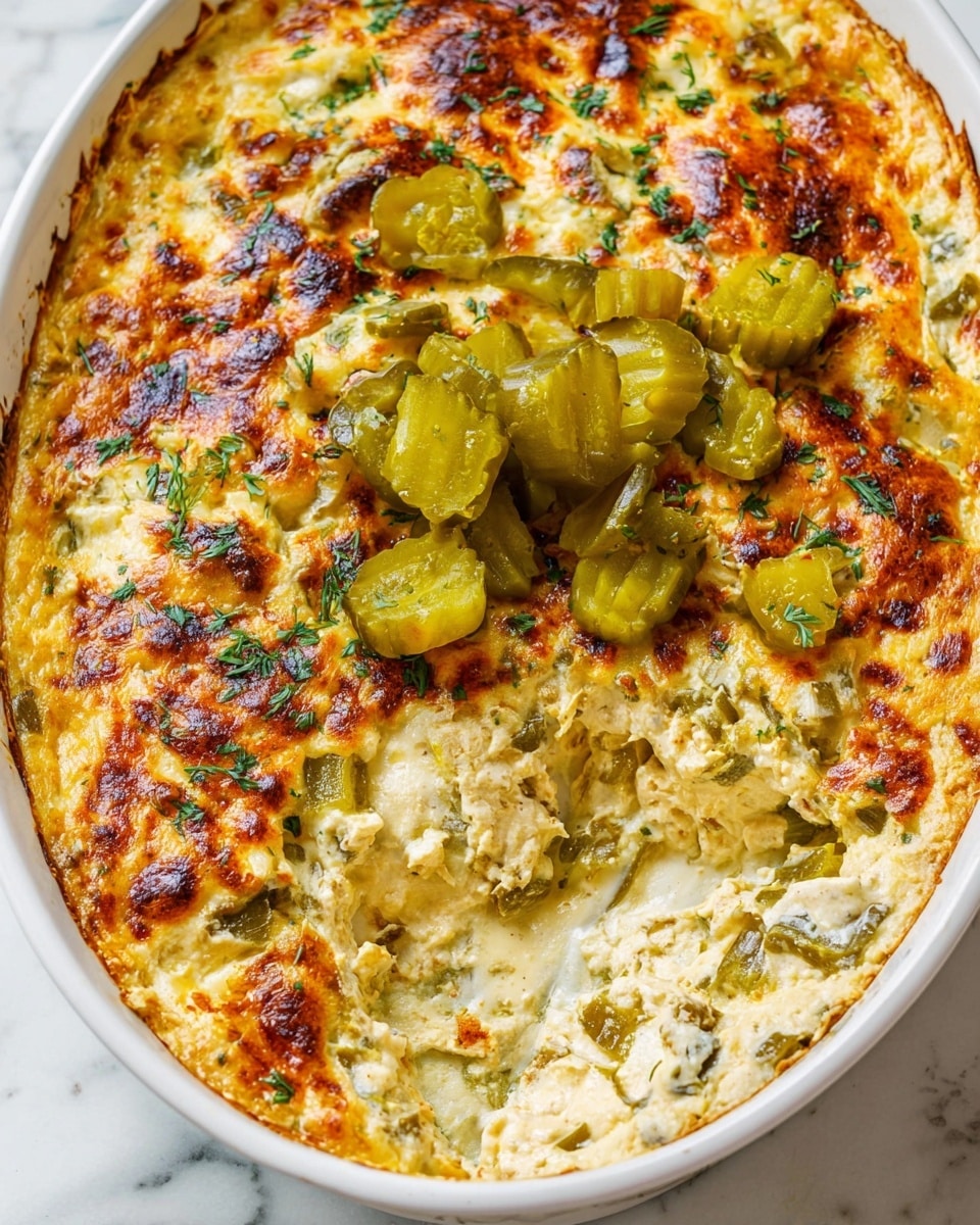 A white oval dish filled with a creamy baked dip featuring a golden-brown, slightly charred top layer with green herbs and chopped pickles scattered on it. The dip is thick and textured, showing a layered cream cheese or sour cream base mixed with small bits of pickles and herbs throughout. A scoop has been taken from the center, revealing a rich, smooth, and slightly chunky filling inside. The diced pickles on top are bright green with a glossy, moist look, contrasting with the creamy, browned surface. The dish is placed on a white marbled surface photo taken with an iphone --ar 4:5 --v 7