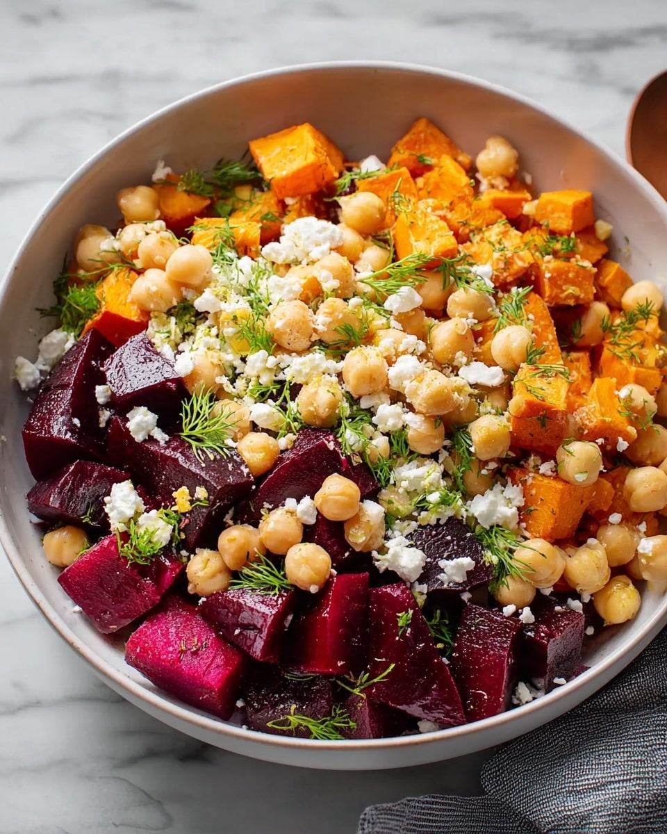 A white bowl holds a colorful salad with three main layers: large dark red chunks of roasted beets at the bottom, bright orange roasted sweet potato cubes mixed in, and pale beige chickpeas scattered all over. On top, small white crumbles of feta cheese are sprinkled evenly, alongside fresh green herbs like parsley and dill, adding bright green spots throughout. The textures vary from soft and juicy beets and sweet potatoes to firm, round chickpeas, with crumbly cheese and delicate herbs creating contrast. The bowl sits on a white marbled surface, with a gray cloth napkin partially visible on the side. Photo taken with an iphone --ar 4:5 --v 7