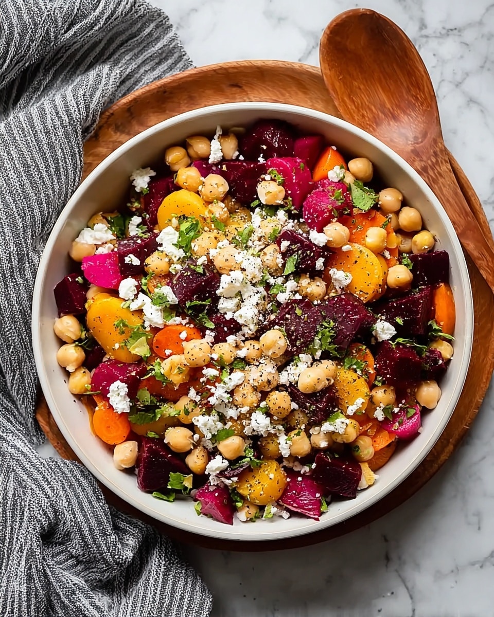 A white bowl filled with a colorful layered salad sits on a wooden round tray, placed on a white marbled surface; the salad has a base layer of dark purple beetroot cubes and orange and yellow carrot slices, mixed with creamy white feta cheese crumbles scattered on top, along with a layer of light beige chickpeas. Fresh green herbs are sprinkled throughout, and there’s a light dusting of black pepper covering the salad, creating a fresh and vibrant look. A large wooden spoon rests near the bowl, and a gray striped cloth is seen on the side. photo taken with an iphone --ar 4:5 --v 7