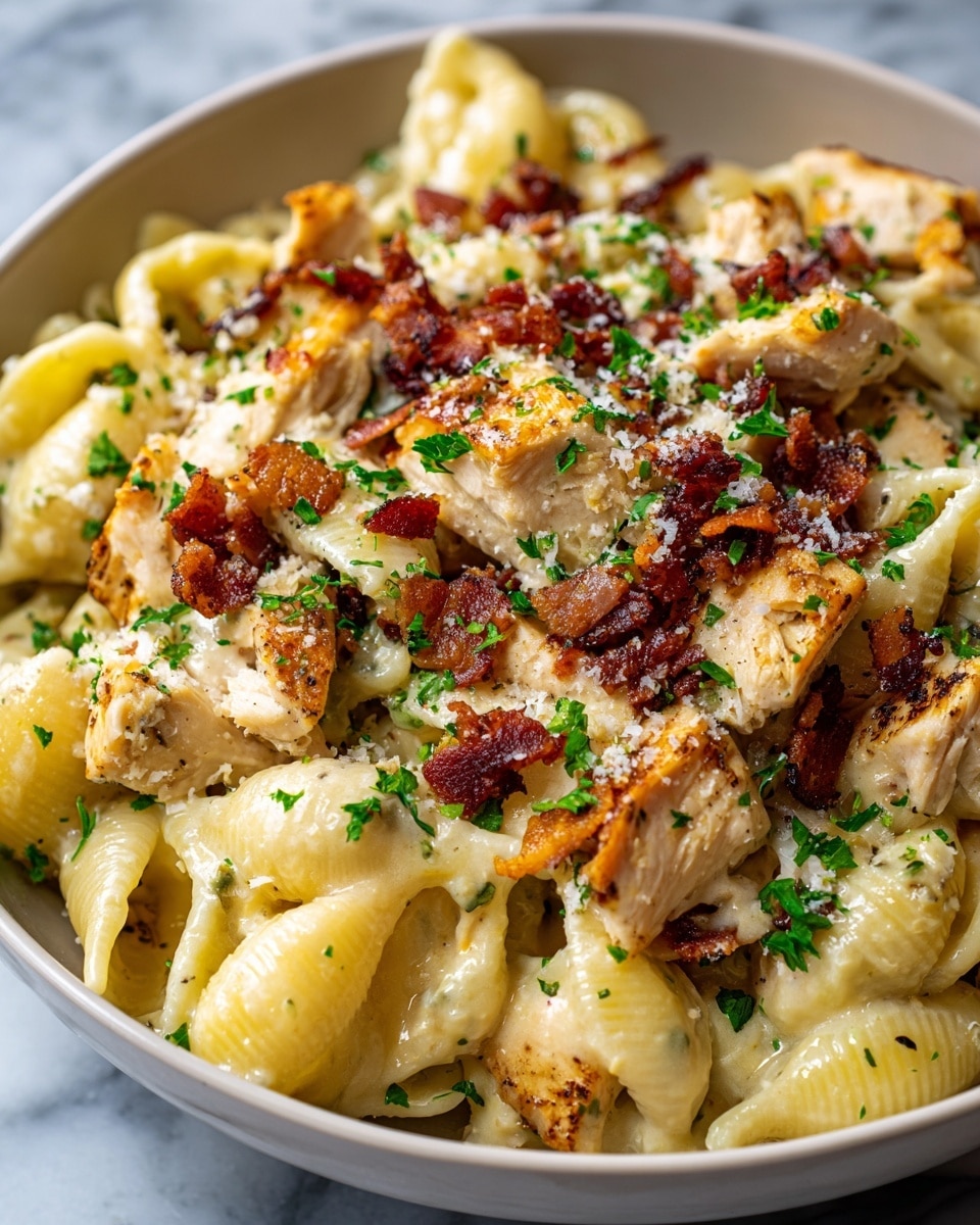A close-up view of a white bowl filled with creamy pasta made with shell-shaped noodles coated in a smooth, pale yellow cheese sauce, mixed with chunks of golden-brown grilled chicken scattered throughout. The dish is topped with crispy, dark reddish-brown bacon bits and finely chopped fresh green parsley, adding color contrast. A light sprinkling of grated white cheese finishes the top, all sitting on a white marbled surface. photo taken with an iphone --ar 4:5 --v 7