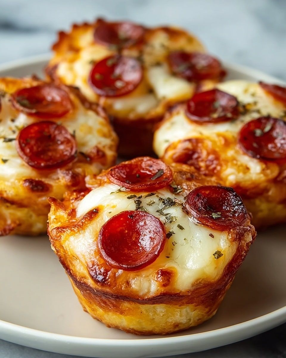 Four mini pepperoni pizza muffins sit close together on a white plate over a white marbled surface. Each muffin has three main layers: the bottom crust is golden-brown and slightly crispy, the middle layer is melted white mozzarella cheese with a soft, stretchy texture, and the top layer has small, round, shiny red pepperoni slices evenly spaced, some curled slightly at the edges. A light sprinkle of dark green dried herbs tops the cheese and pepperoni, adding a bit of contrast. The edges of the muffins are browned and caramelized with a bubbly appearance, giving them a fresh-baked look. Photo taken with an iphone --ar 4:5 --v 7