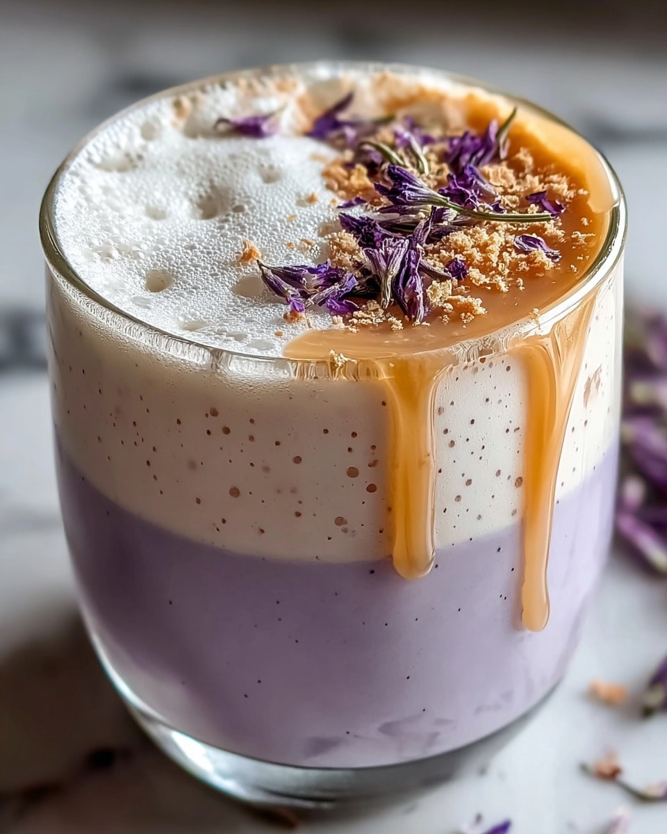 A close-up view of a glass filled with a three-layered drink set against a white marbled texture. The bottom layer is a smooth, light purple liquid with visible tiny dark spots, topped by a thick white foam layer that is bubbly and creamy in texture. Over the foam, there is a drizzle of golden caramel sauce that spills gently down the side of the clear glass. Scattered on top are small purple dried flower buds and some light brown crumbs, adding texture and color contrast to the creamy surface. photo taken with an iphone --ar 4:5 --v 7