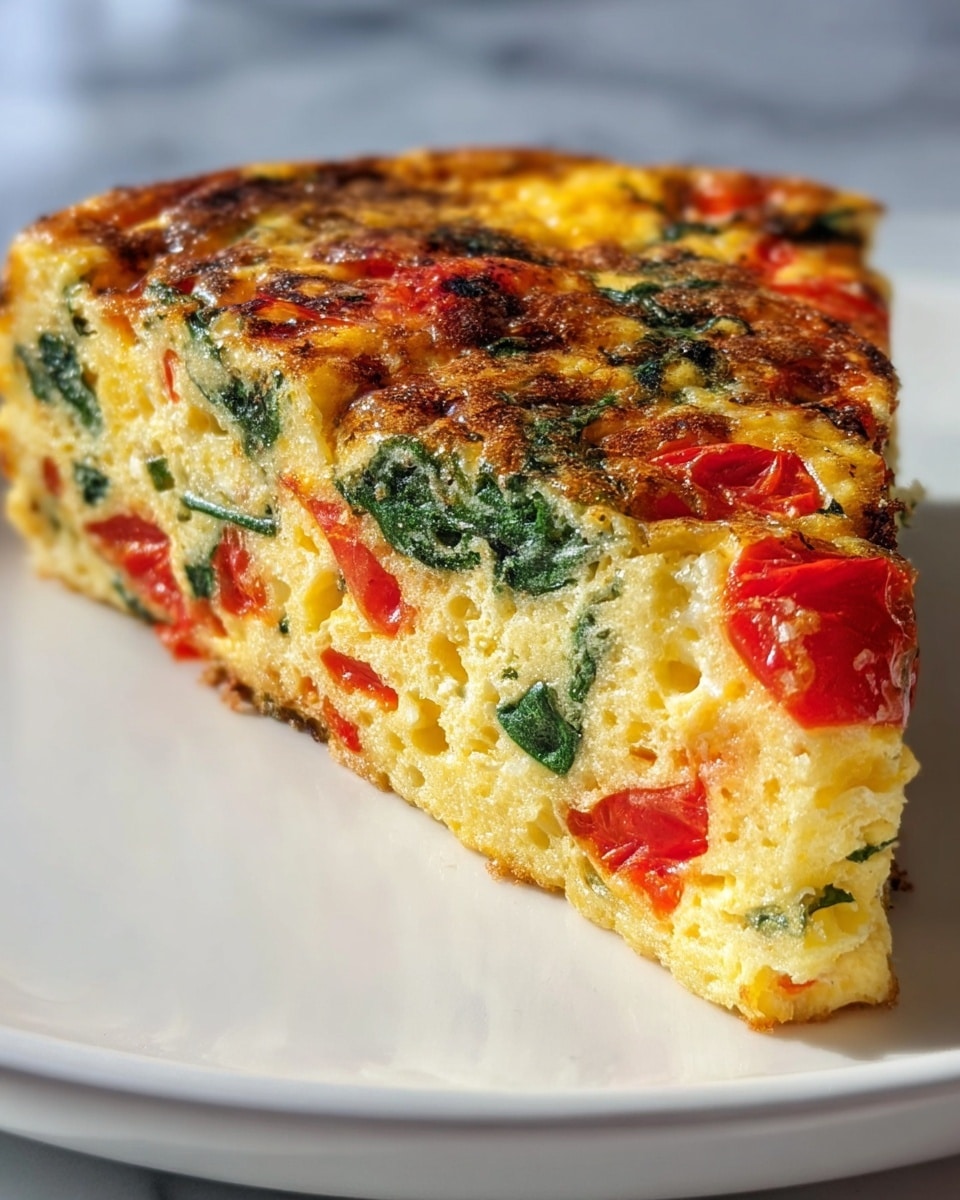 A close-up image of a thick slice of vegetable frittata resting on a white plate, placed on a white marbled surface. The frittata has one main layer that is fluffy and golden with a slightly browned top layer. Inside the slice, bright red tomato pieces are scattered along with green leafy spinach mixed evenly throughout the yellow egg base, creating a colorful contrast. The texture looks soft and airy with small holes throughout, and the top surface has a shiny, slightly crispy finish with some browned spots. Photo taken with an iphone --ar 4:5 --v 7
