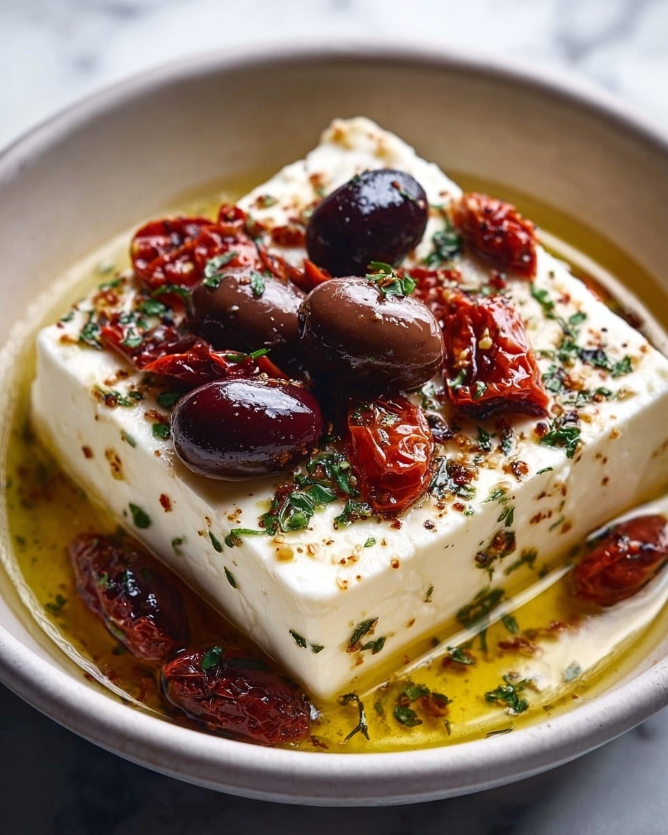 This dish shows one thick, white rectangular block of soft cheese placed in the center of a shallow white bowl. Around and on top of the cheese are dark red sun-dried tomatoes and whole olives in shades of dark purple and green. The cheese is sprinkled with small green herb pieces and light brown spices, with a golden yellow oily liquid pooled around it, shining under the light. The textures vary from the smooth cheese to the wrinkly tomatoes and glossy olives. The background is a white marbled texture. Photo taken with an iphone --ar 4:5 --v 7