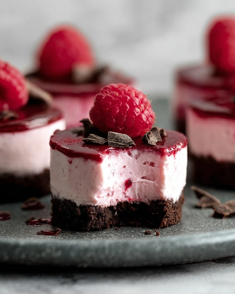 The image shows a small round dessert with three clear layers on a white marbled surface. The bottom layer is dark brown and rough, like chocolate cookie crumb crust. The middle layer is thick and creamy pink with a smooth texture containing some raspberry bits inside. The top layer is a thin, shiny, dark red glaze that drips slightly down the dessert's side. On top of the dessert sits one plump, red raspberry and a few small dark chocolate shavings scattered near it. The dessert in the front has a bite taken out of it, revealing the smooth and creamy inside layers very clearly. It is placed on a dark grey plate that holds other similar desserts blurred in the background. Photo taken with an iphone --ar 4:5 --v 7