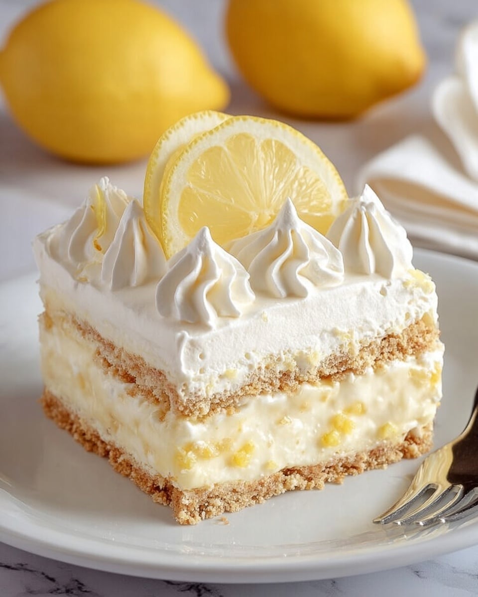 A square slice of lemon cream dessert with four main layers is placed on a white plate; the bottom layer is a light tan graham cracker crust, followed by a thick, creamy pale yellow lemon filling with small lemon bits, then another graham cracker layer, topped with a thick white whipped cream layer decorated with six dollops of whipped cream, and finished with two thin lemon slices arranged on top. The background shows two whole lemons blurred on a white marbled texture surface, with a fork partially visible on the right side. Photo taken with an iphone --ar 4:5 --v 7