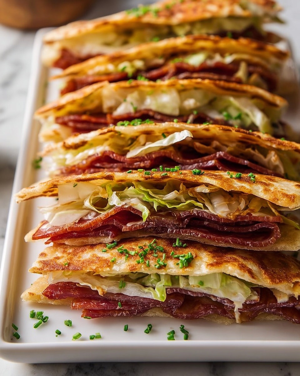 Six stacked sandwiches are arranged neatly on a white rectangular plate with a white marbled surface beneath. Each sandwich has three visible layers: the outer layer is a golden brown, slightly crispy flatbread folded to hold the filling; the middle layer consists of thin, folded slices of dark reddish cured meat with a glossy texture; the inner layer contains lightly cooked, pale green and white cabbage or lettuce pieces with a slightly wilted look. The sandwiches are sprinkled with small, bright green herbs on top, adding detail and color contrast. The photo taken with an iphone --ar 4:5 --v 7