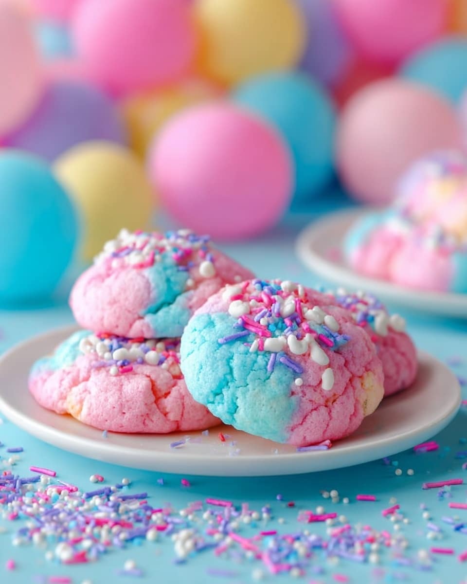 A white round plate holds soft cookies that have two layers of color, pink and light blue, mixed together in each cookie. The cookies have a smooth, fluffy texture with a slightly cracked surface. Each cookie is decorated with colorful sprinkles on top, including pink, white, purple, and blue. The plate is set on a light blue surface with scattered sprinkles around it, and the background is filled with blurred pastel balloons in pink, blue, and yellow. The overall look is bright and playful, with the focus on the colorful cookies in the front. photo taken with an iphone --ar 4:5 --v 7