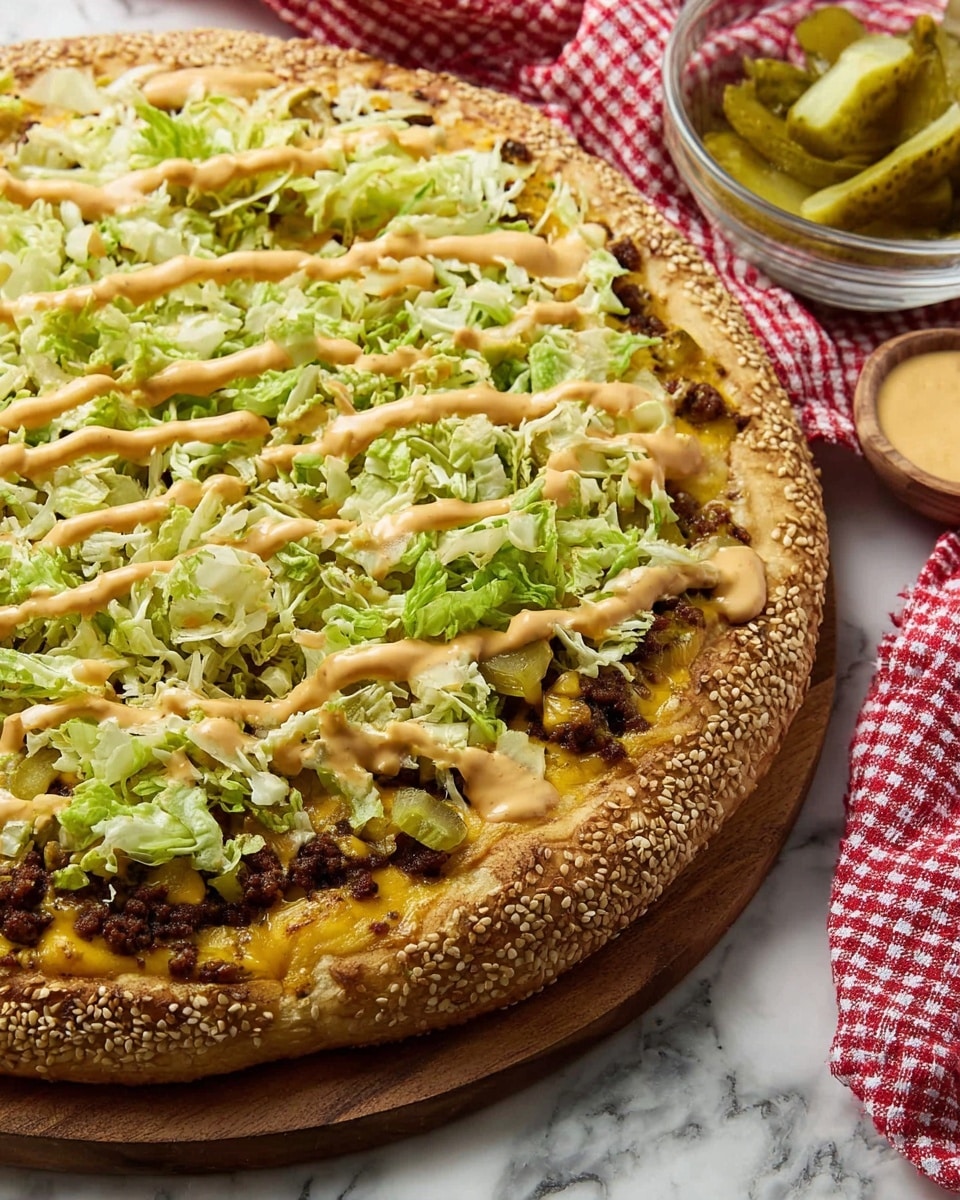 A close-up of a pizza with a thick sesame seed crust, topped with a base layer of melted yellow cheese, followed by a layer of browned ground meat peeking through, then a generous layer of shredded light green lettuce scattered on top, and drizzled with a creamy light orange sauce. The pizza rests on a wooden board, placed on a white marbled surface with a glass bowl of chopped pickles in the background and a red and white checkered cloth nearby. photo taken with an iphone --ar 4:5 --v 7