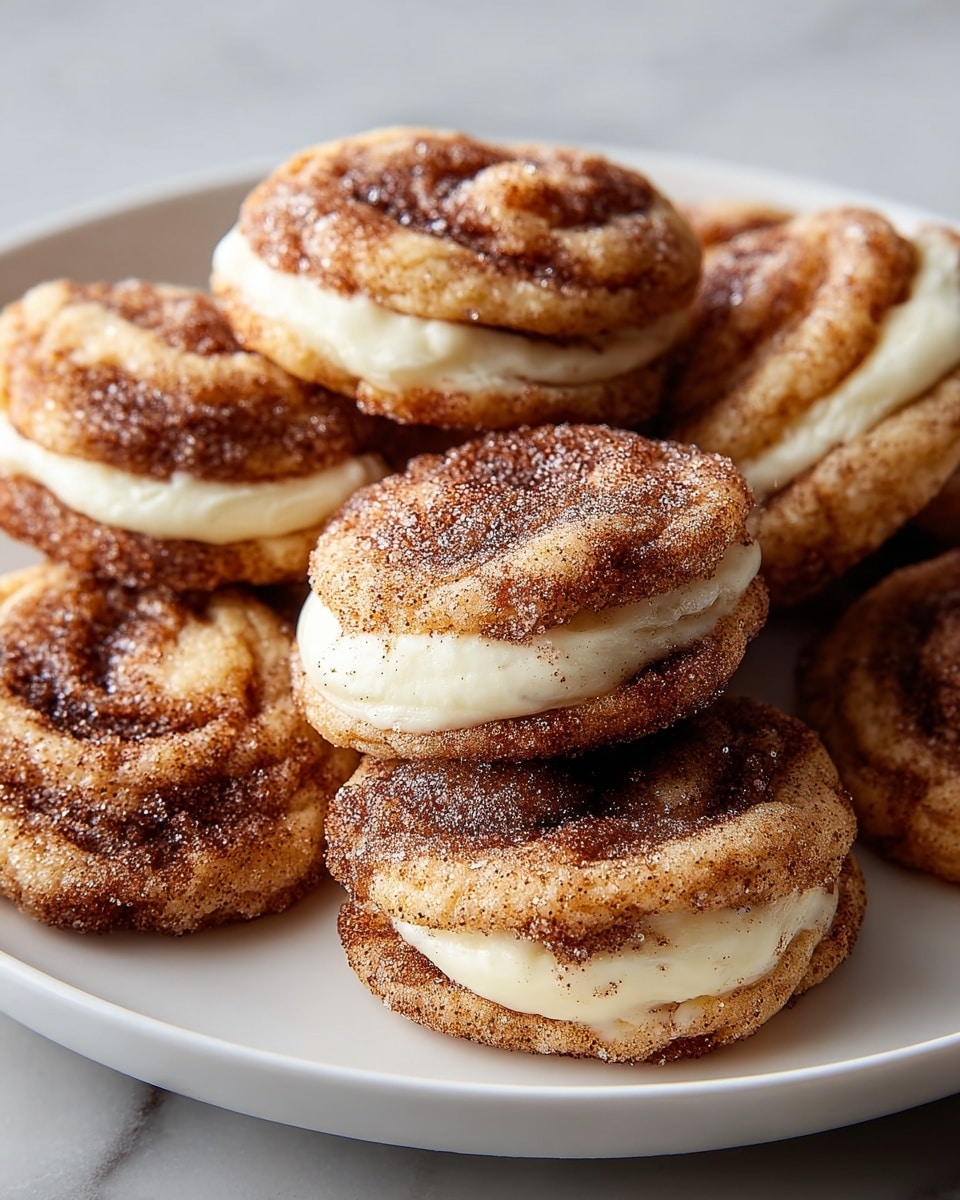 A white plate holds a pile of soft, round cookies with a slightly golden base and dark cinnamon sugar swirls on top, giving a textured look with patches of sugar crystals. Each cookie has a thick layer of creamy white filling sandwiched between two soft layers, visible from the sides. The cookies look slightly glossy and moist, with a mixture of light brown and darker cinnamon tones creating a warm, inviting appearance. The background is a white marbled texture. photo taken with an iphone --ar 4:5 --v 7