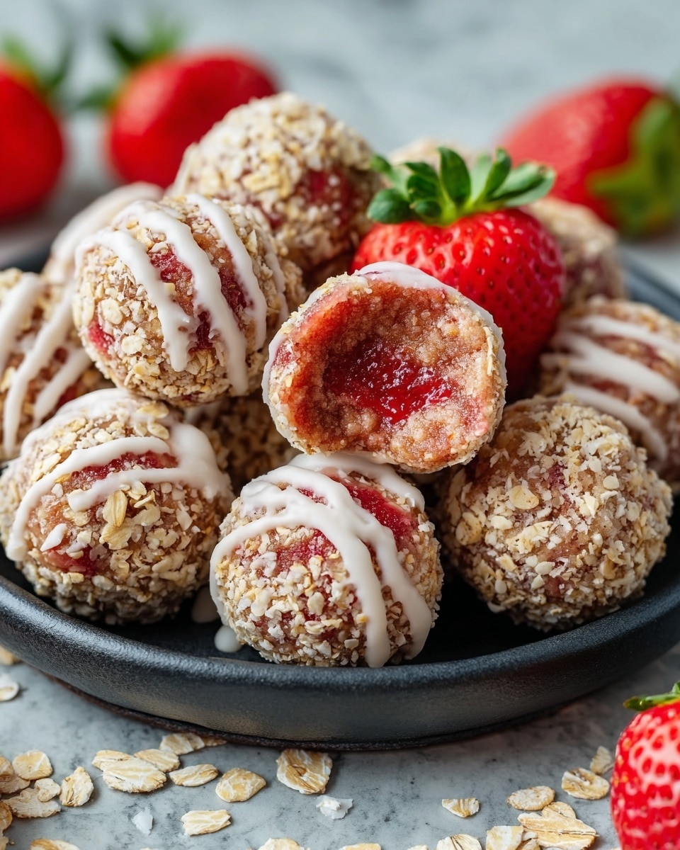 This image shows a close-up of a black plate filled with round energy balls coated in oats. Each ball has a rough, textured layer of light tan oats covering a reddish-pink inside, with one ball broken open to reveal a juicy, wet strawberry center. Some balls are drizzled with white icing, adding a smooth and shiny contrast. A fresh bright red strawberry with green leaves sits on top near the center. The plate rests on a white marbled surface with scattered oats and extra whole strawberries around it. Photo taken with an iphone --ar 4:5 --v 7